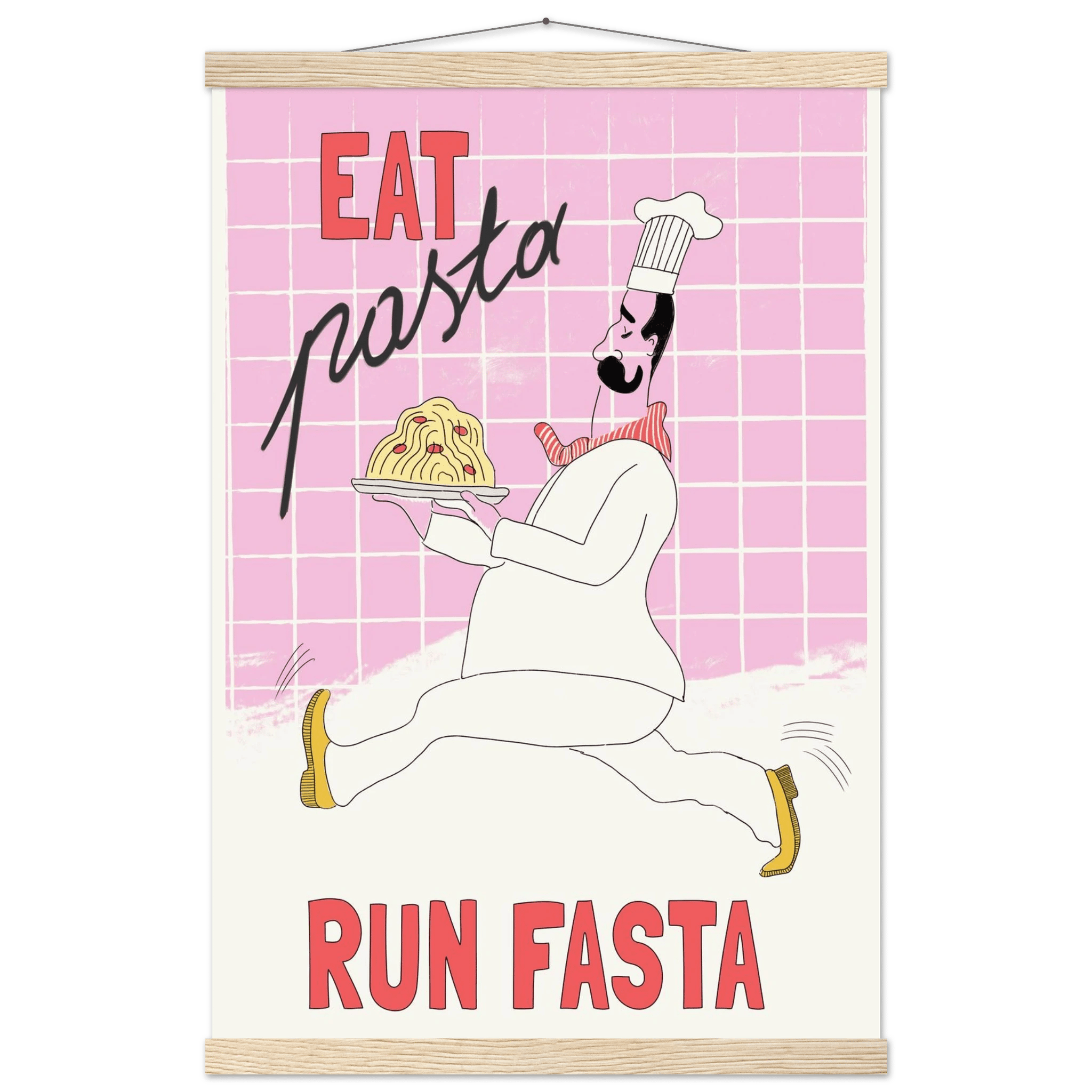 Eat Pasta Run Fasta Poster – Playful Kitchen Wall Art Print (Light Pink) - Evergreen Posters