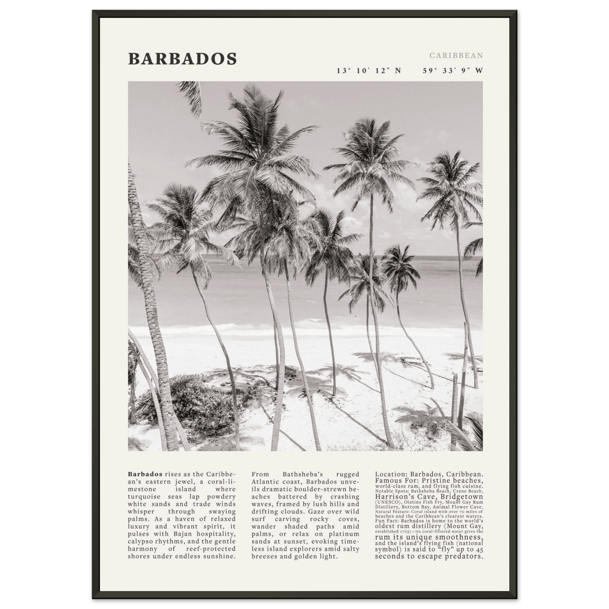 Barbados Poster Black and White – Vintage Caribbean Palm Beach Print (Digital & Printed Options) - Evergreen Posters