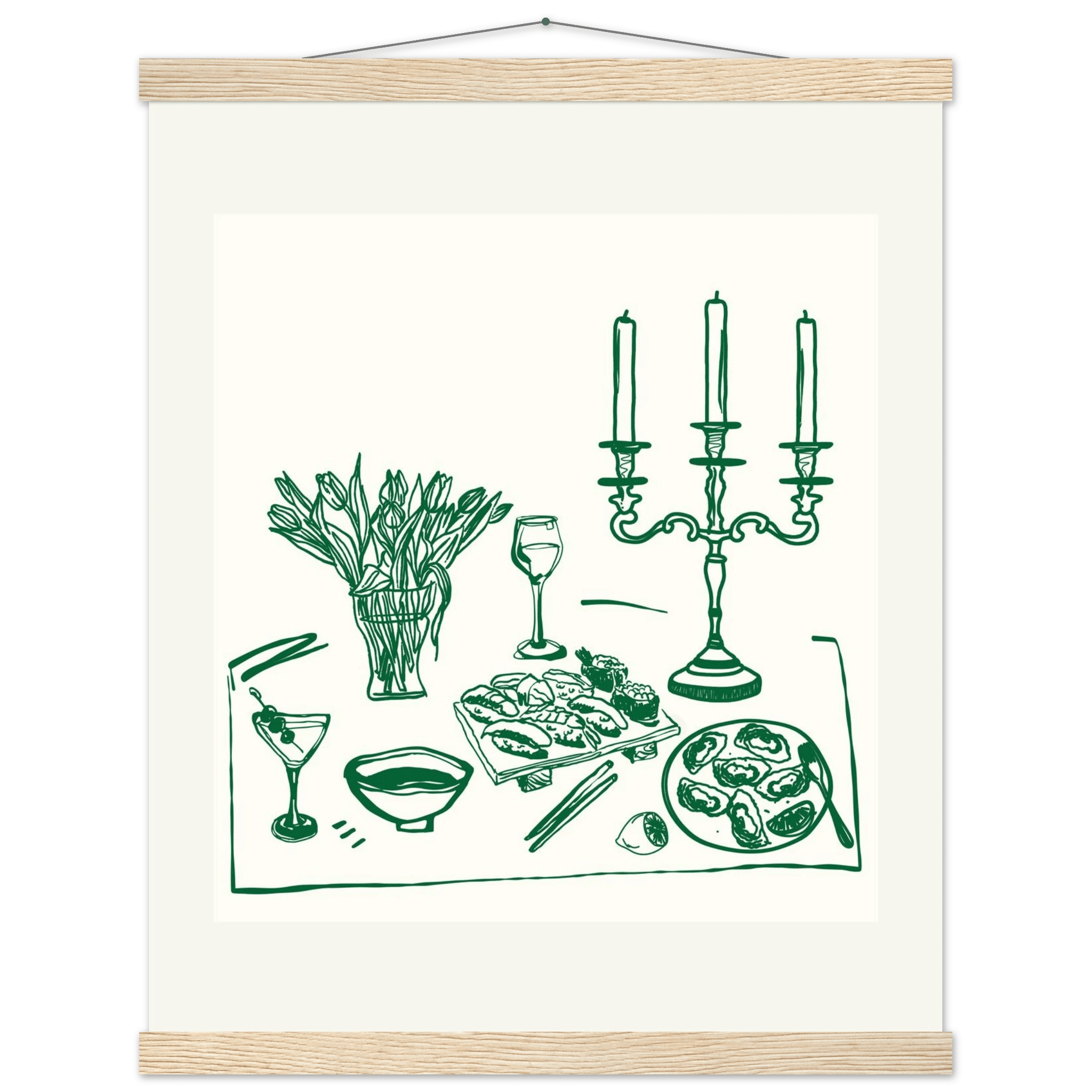 Fine Dining Table Print | Green Line Art Kitchen Wall Art | Elegant Dining Room Poster - Evergreen Posters