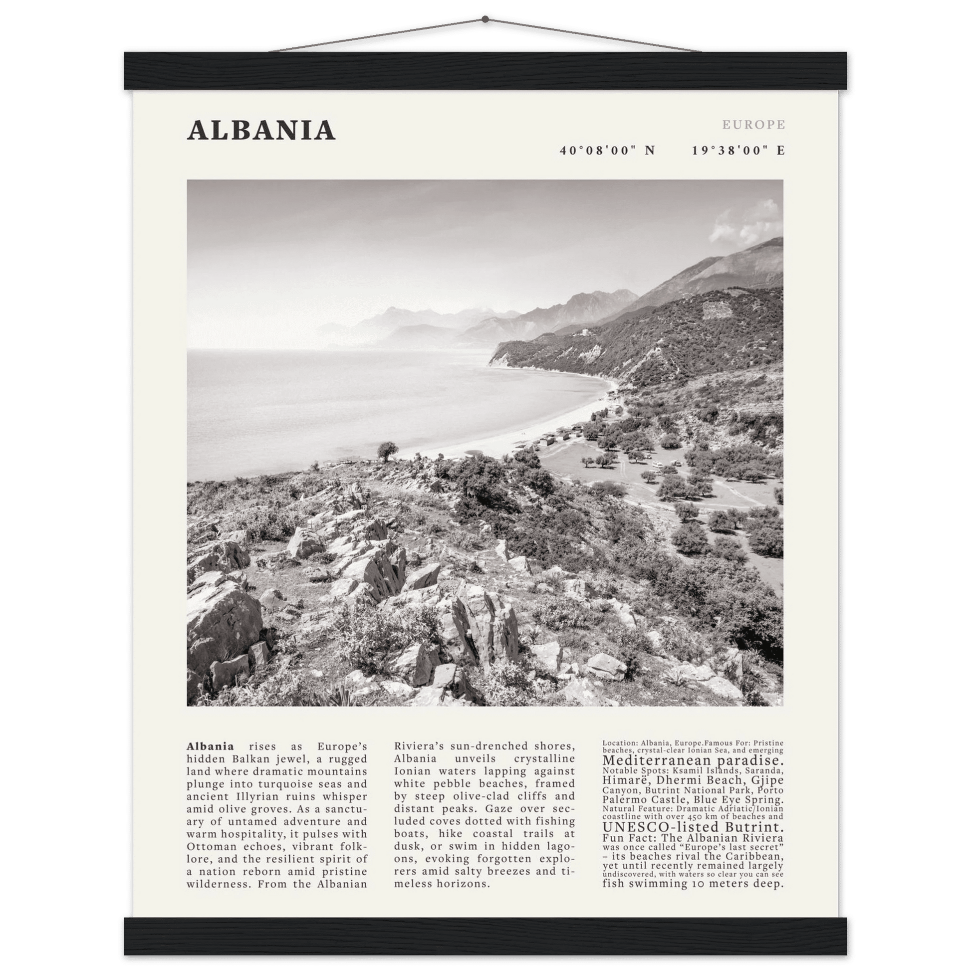 Albania Poster Black and White – Vintage Albanian Riviera Travel Print (Digital & Printed Options) - Evergreen Posters
