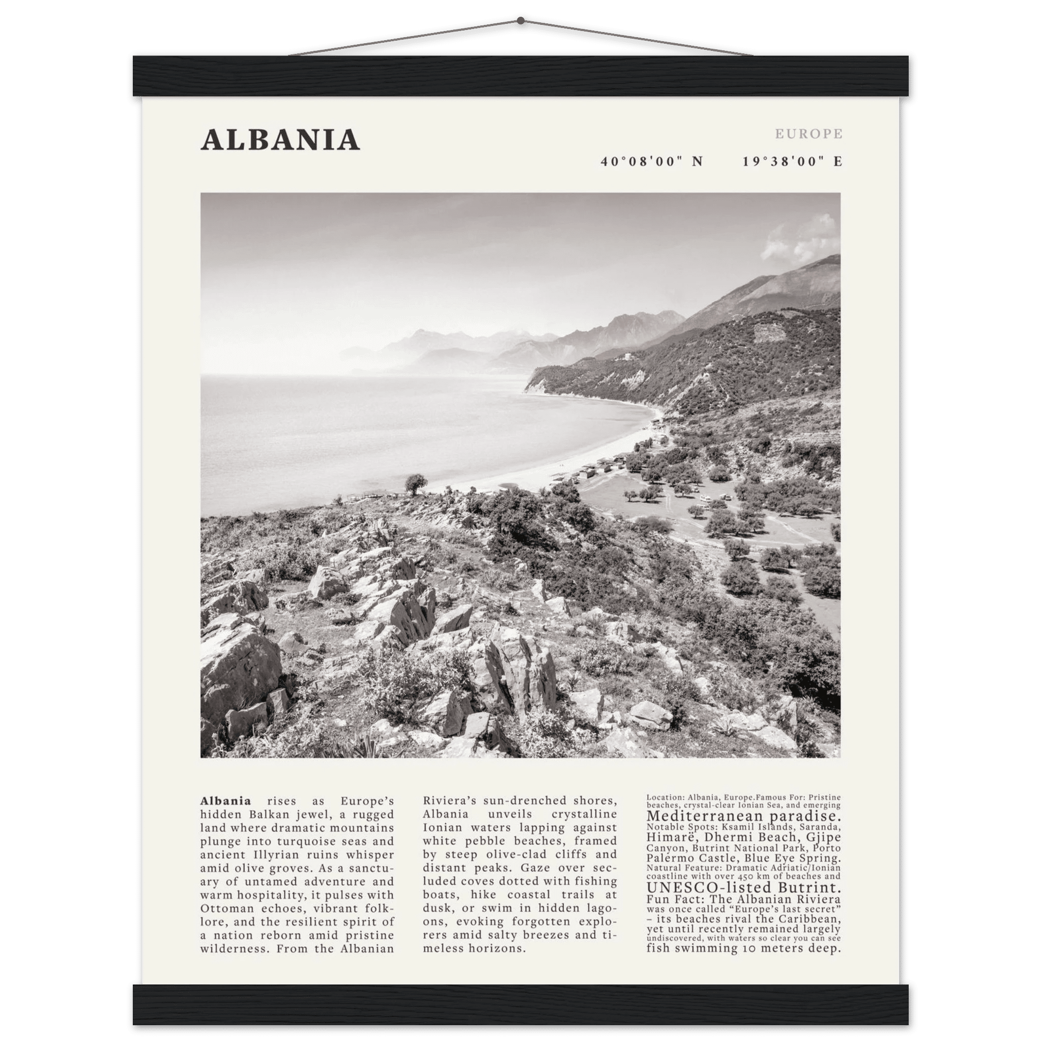 Albania Poster Black and White – Vintage Albanian Riviera Travel Print (Digital & Printed Options) - Evergreen Posters
