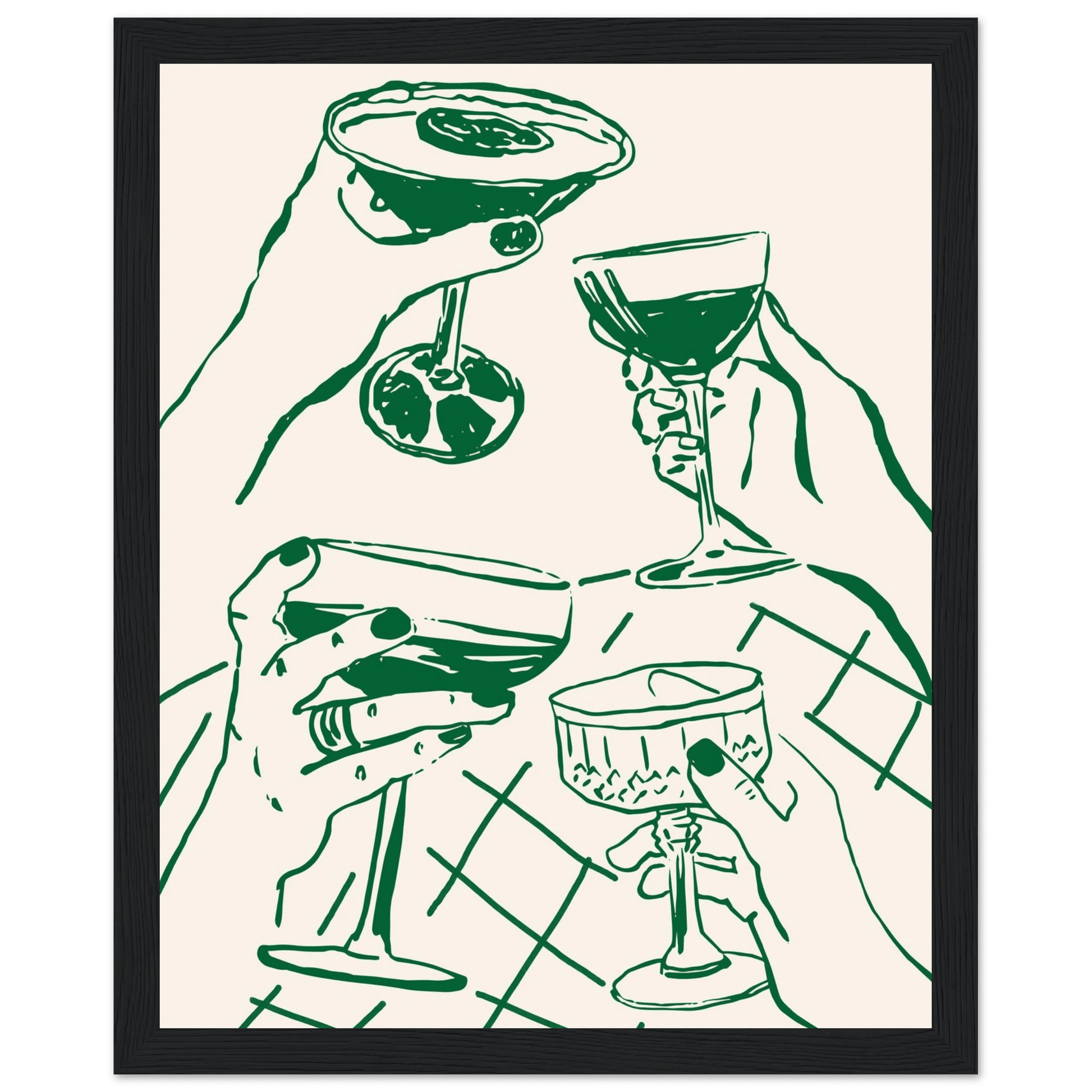 Cheers Print | Forest Green Cocktail Glasses Wall Art | Kitchen Bar Poster - Evergreen Posters