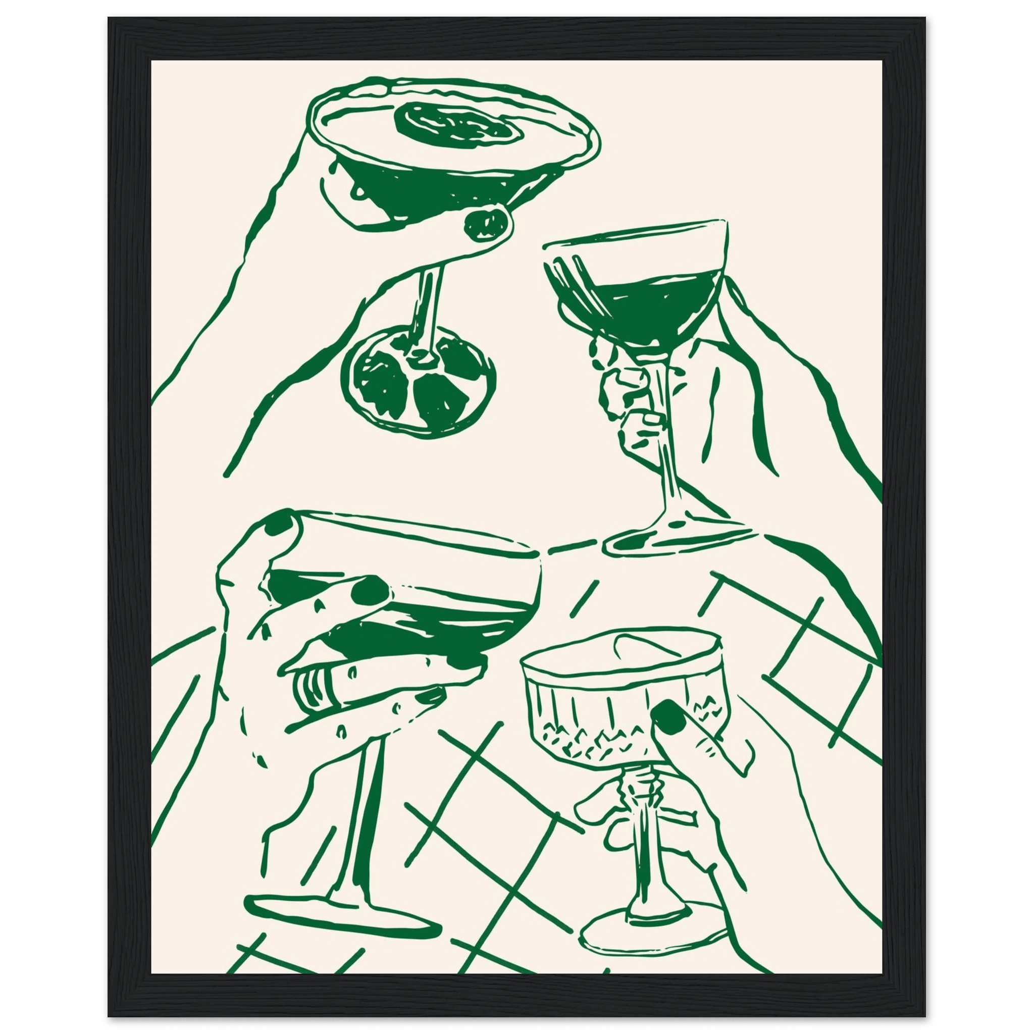 Cheers Print | Forest Green Cocktail Glasses Wall Art | Kitchen Bar Poster - Evergreen Posters