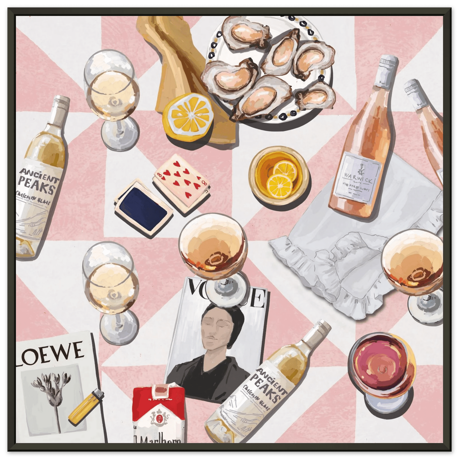 Vogue Oysters & Rosé Poster | Dopamine Decor Luxury Wall Art | Pink Tile Square Print - Evergreen Posters