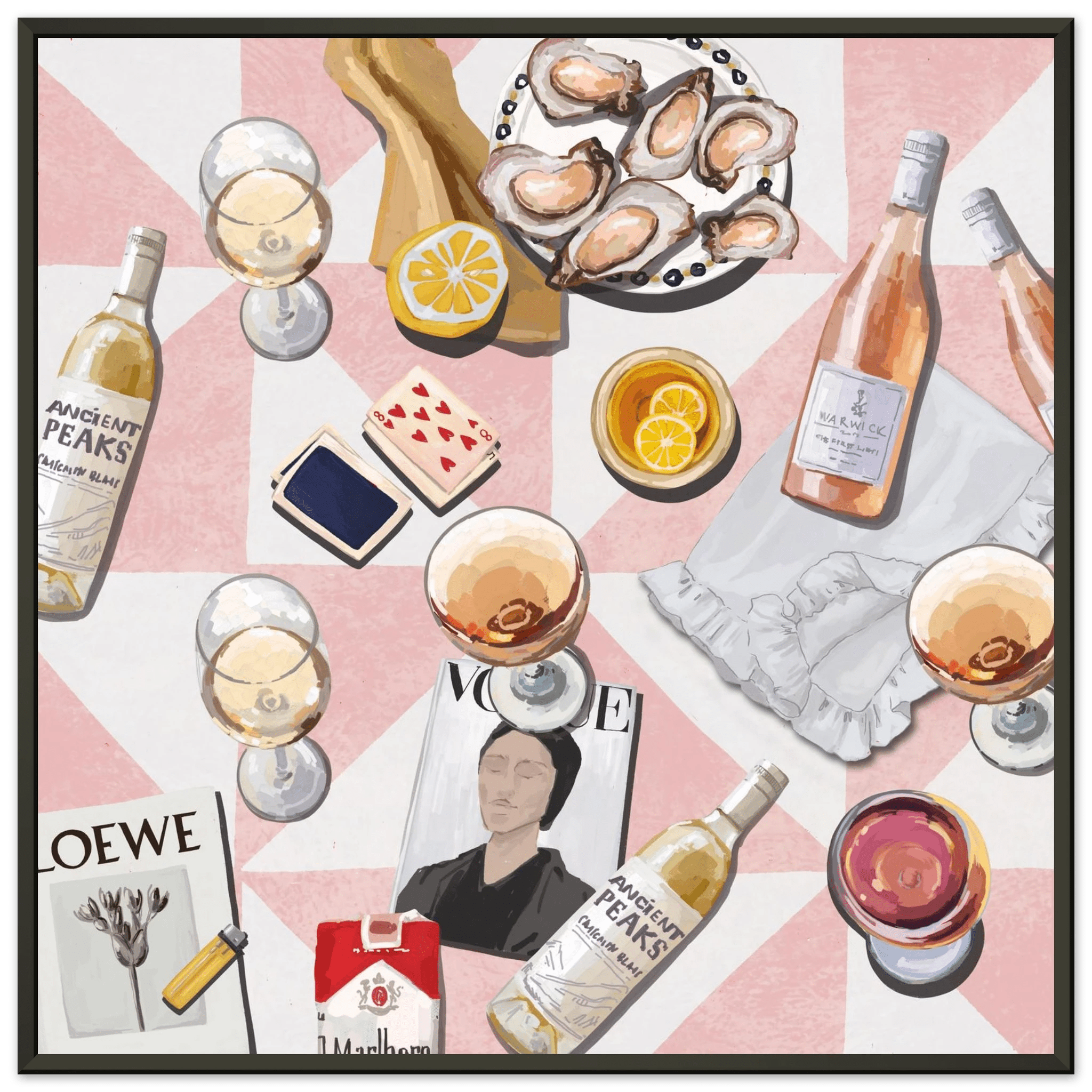 Vogue Oysters & Rosé Poster | Dopamine Decor Luxury Wall Art | Pink Tile Square Print - Evergreen Posters