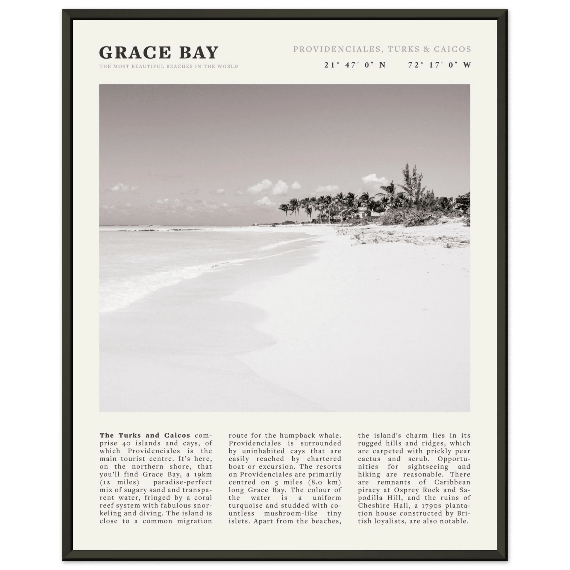 Grace Bay Poster | Black & White Turks & Caicos Wall Art | Caribbean Beach Print - Evergreen Posters
