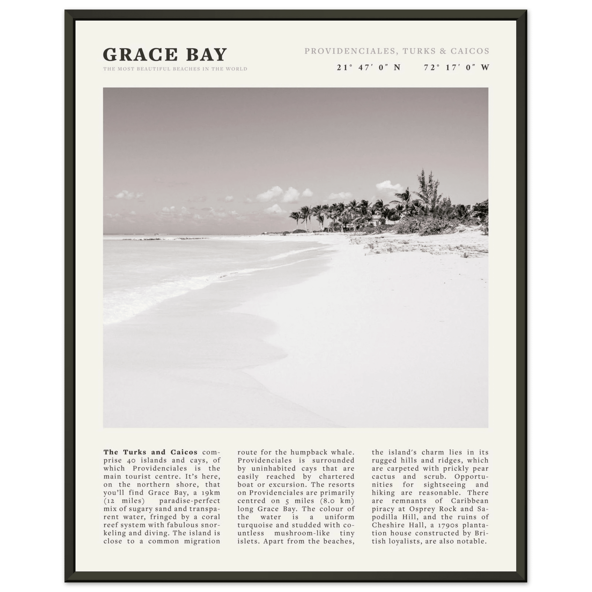 Grace Bay Poster | Black & White Turks & Caicos Wall Art | Caribbean Beach Print - Evergreen Posters