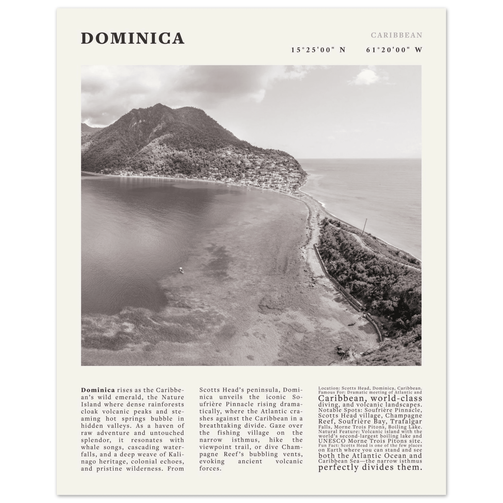 Dominica Poster Black and White – Vintage Caribbean Rainforest Island Print (Digital & Printed Options) - Evergreen Posters