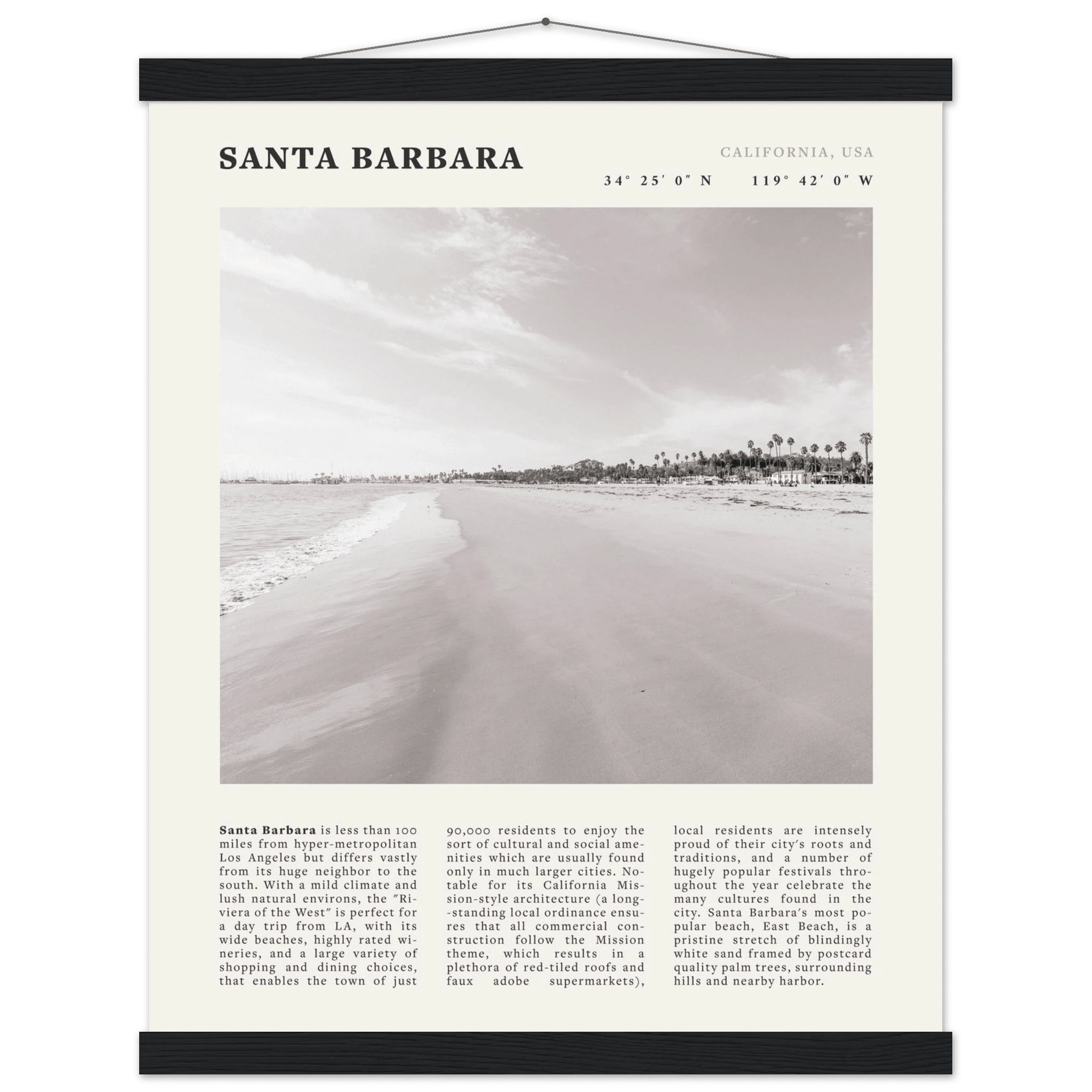 Santa Barbara Poster | Black & White California Beach Wall Art | CA Travel Print - Evergreen Posters