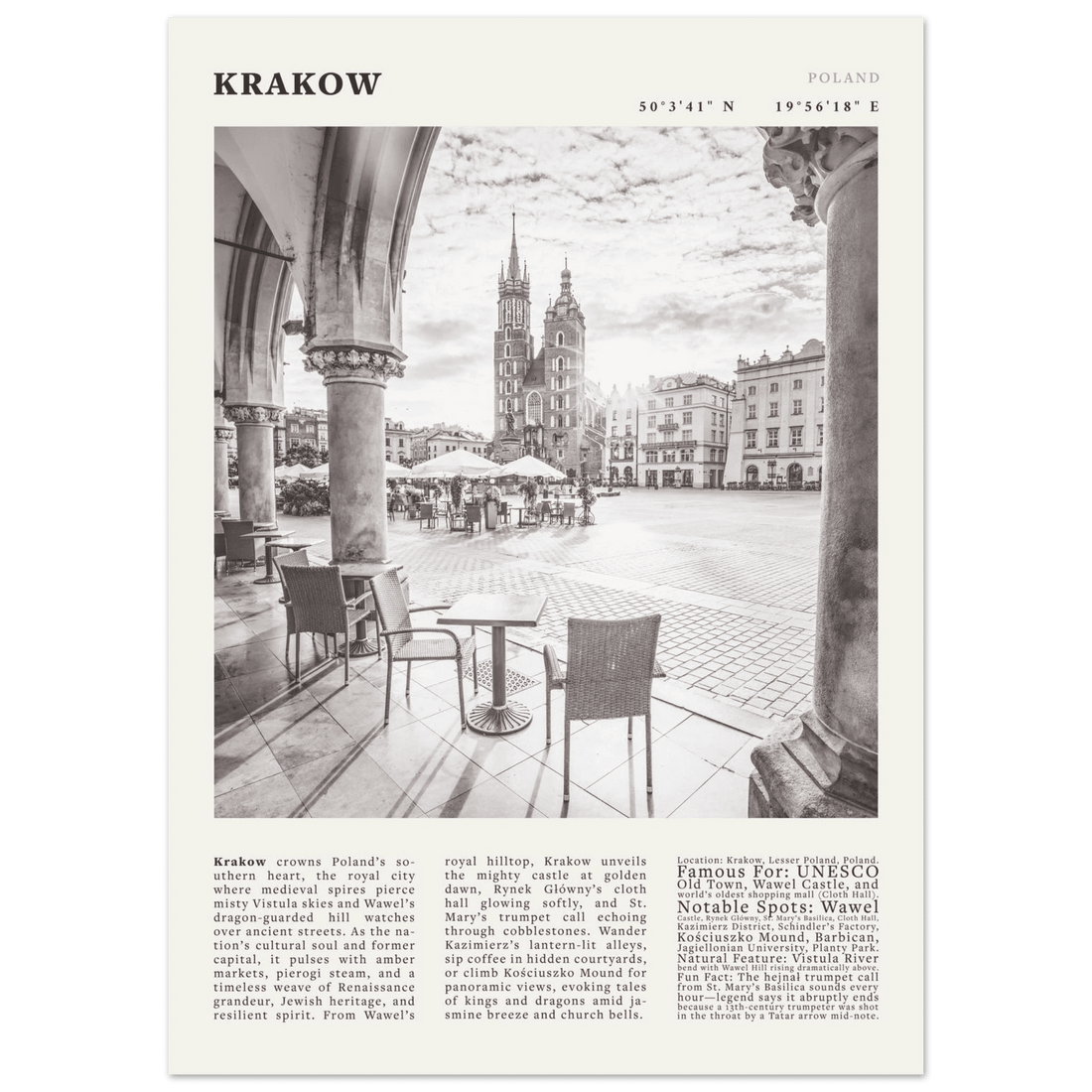 Krakow Poland Travel Poster | Black & White City Print | Vintage Photography Wall Art Decor - Evergreen Posters
