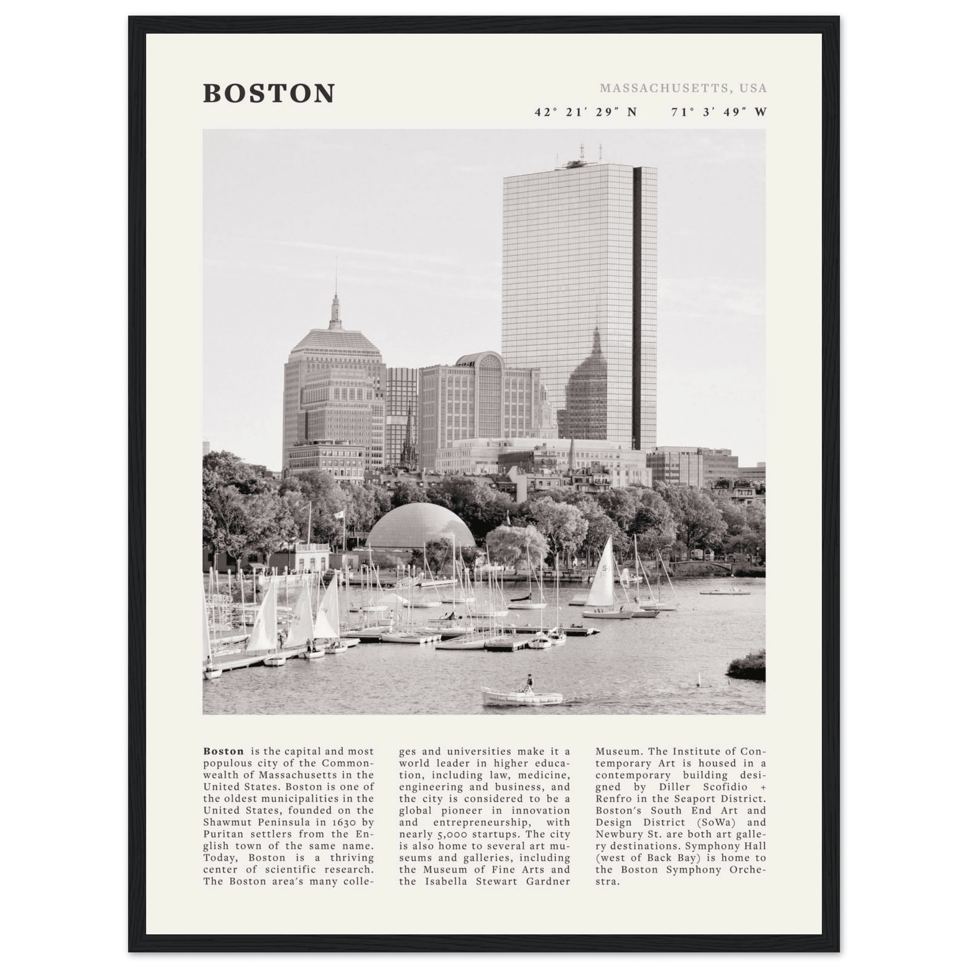 Boston Poster | Black & White Charles River Skyline Wall Art | Massachusetts Print - Evergreen Posters