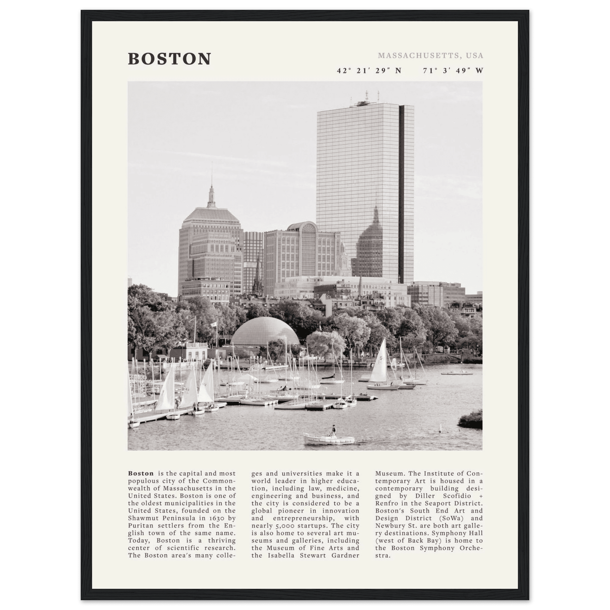 Boston Poster | Black & White Charles River Skyline Wall Art | Massachusetts Print - Evergreen Posters