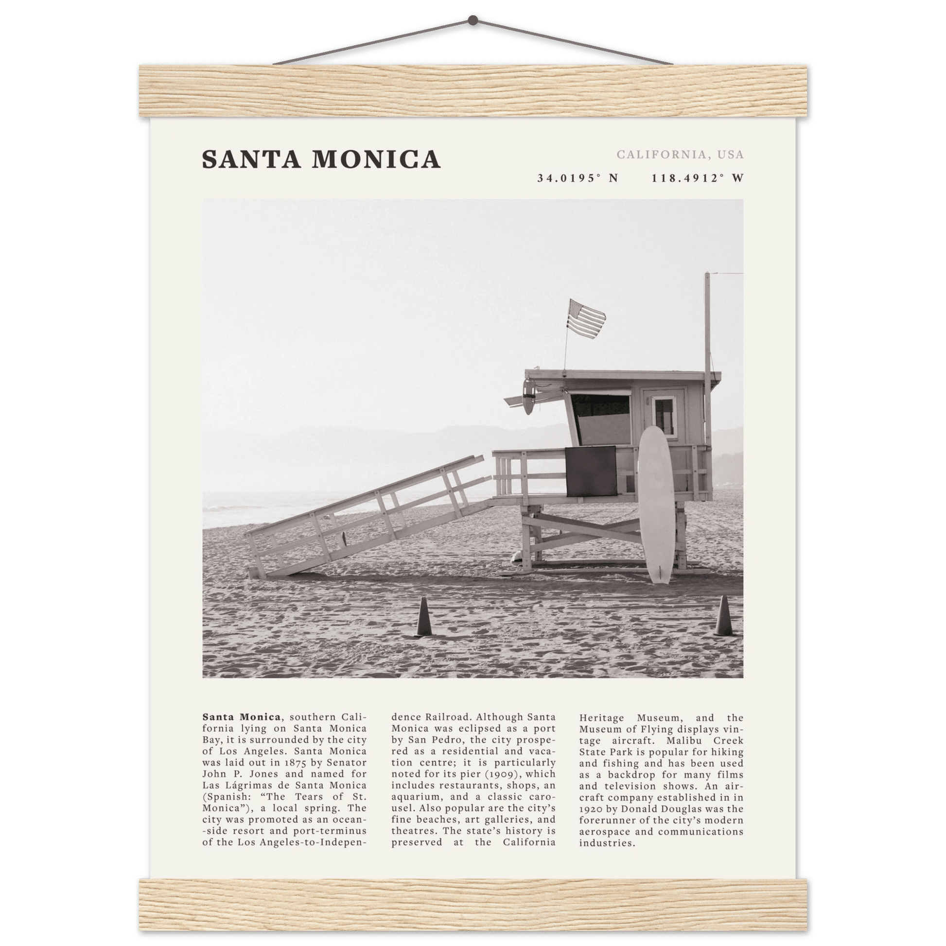 Santa Monica Poster | Black & White California Wall Art | Beach Travel Print | Coastal Decor - Evergreen Posters