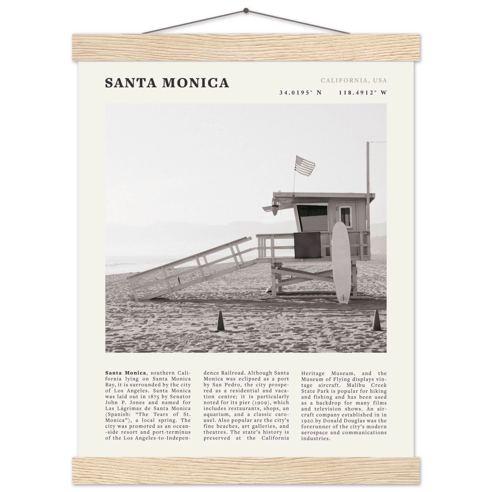 Santa Monica Poster | Black & White California Wall Art | Beach Travel Print | Coastal Decor - Evergreen Posters