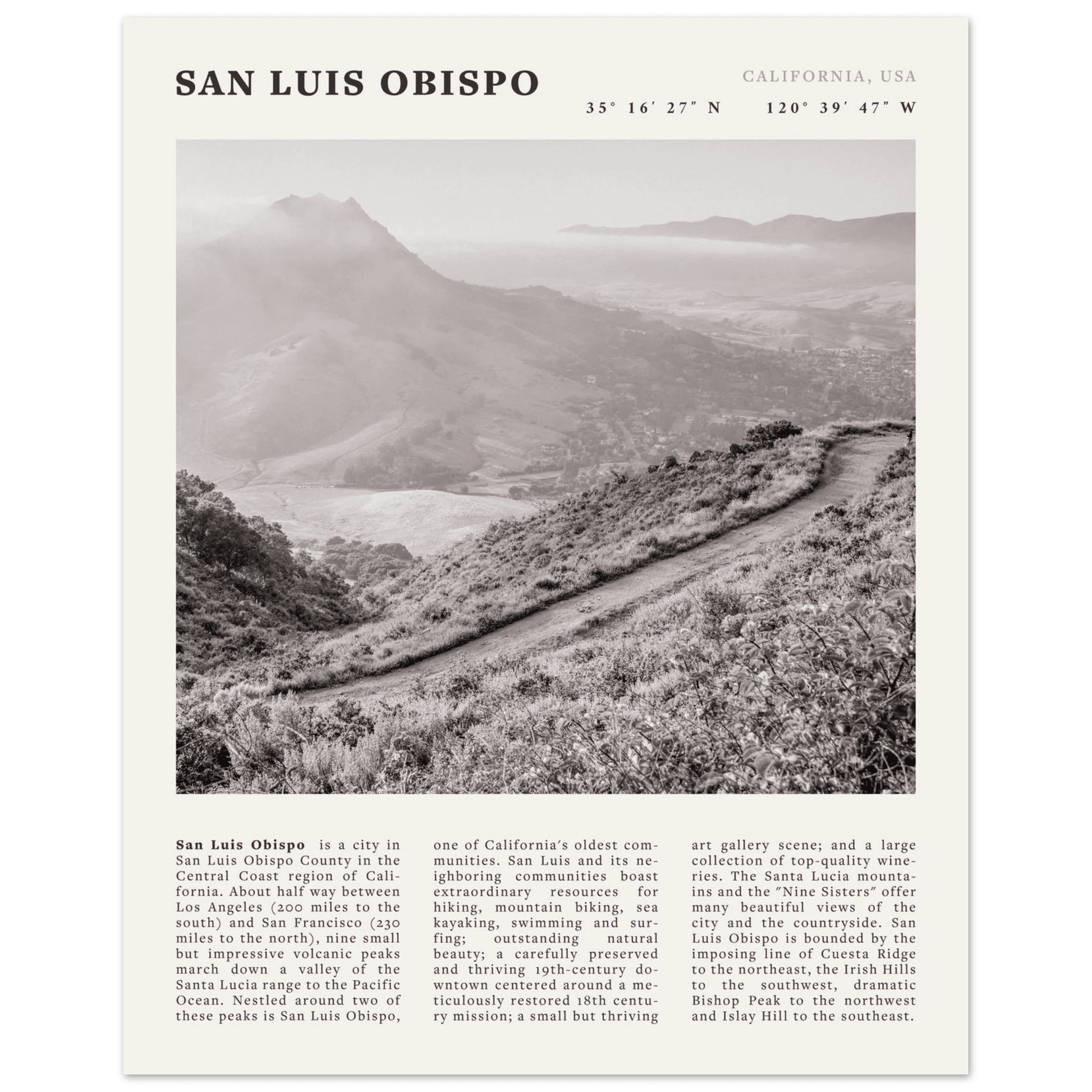 San Luis Obispo Poster | Black & White California Wall Art | SLO Travel Print - Evergreen Posters