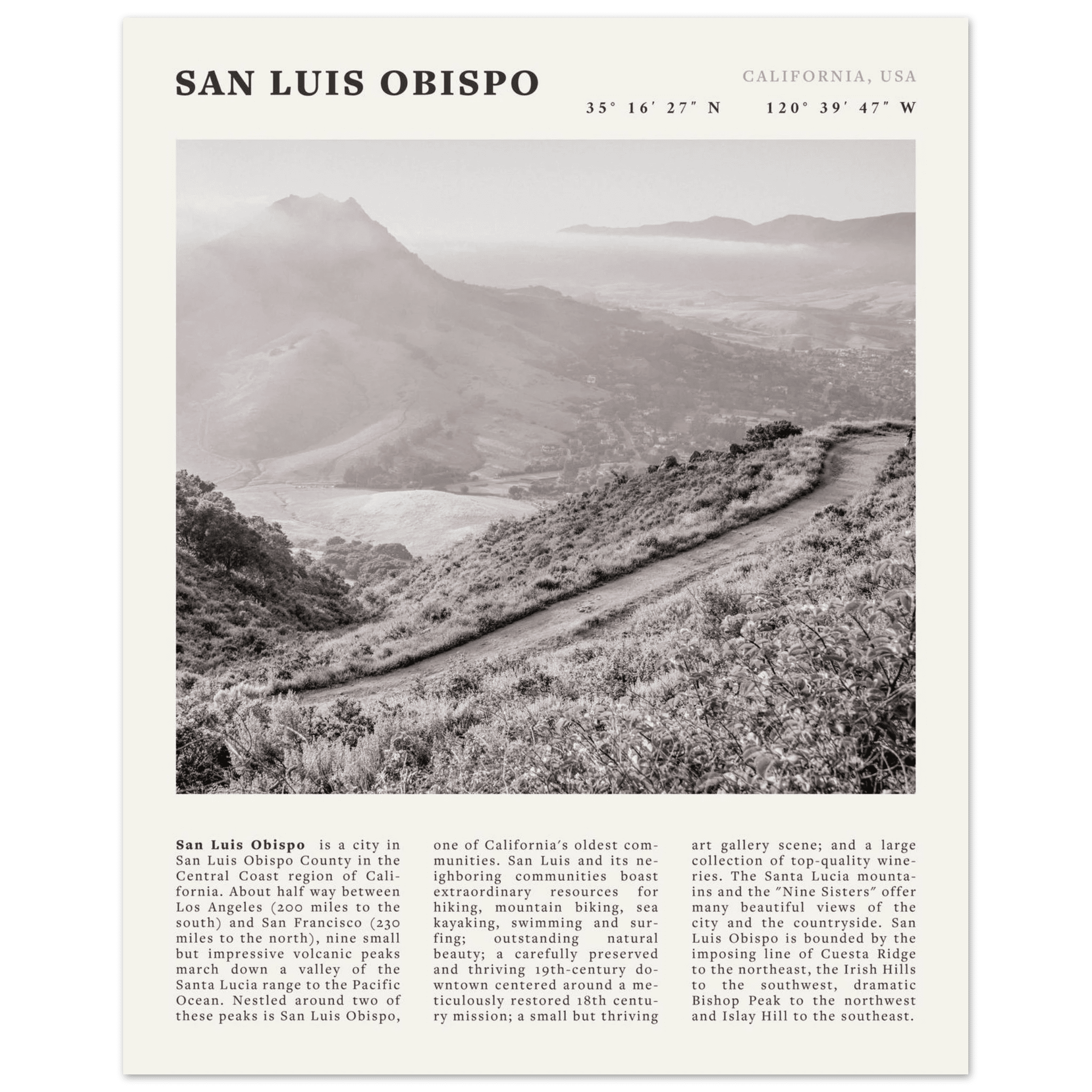 San Luis Obispo Poster | Black & White California Wall Art | SLO Travel Print - Evergreen Posters