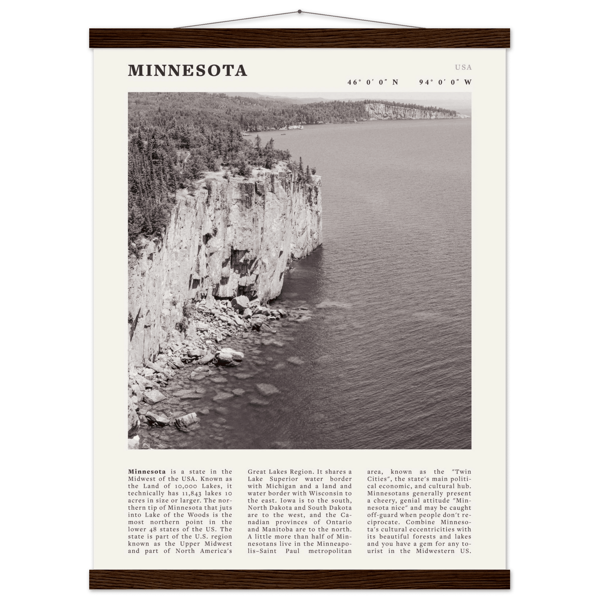 Minnesota Poster | Black & White Lake Superior Wall Art | USA Nature Travel Print - Evergreen Posters