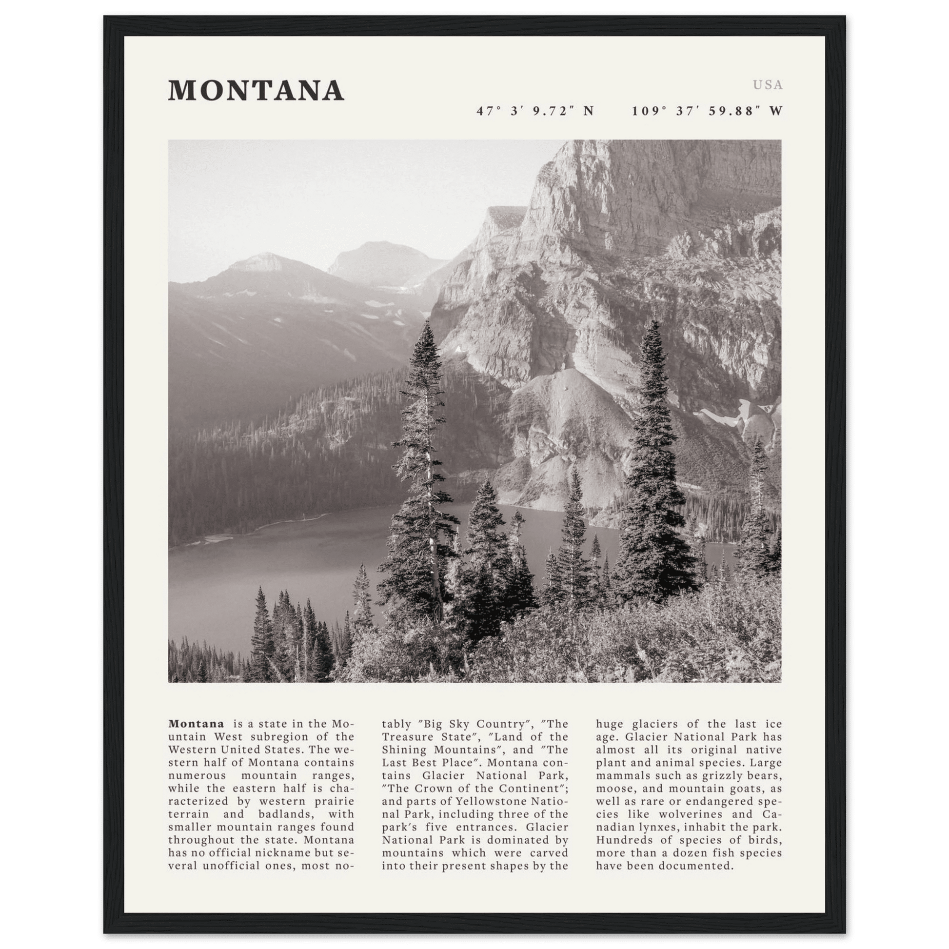 Montana Poster | Black & White Glacier National Park Wall Art | Nature Travel Print - Evergreen Posters