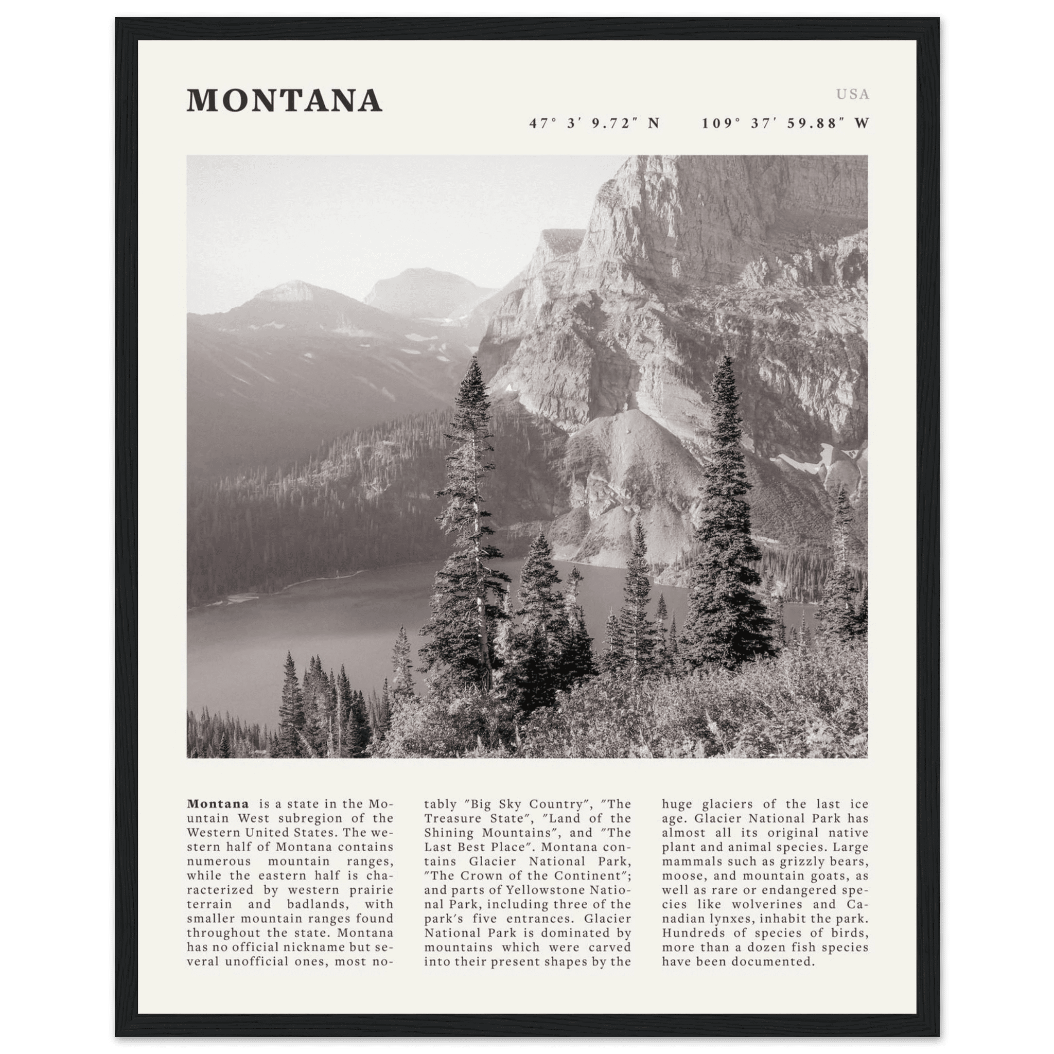Montana Poster | Black & White Glacier National Park Wall Art | Nature Travel Print - Evergreen Posters