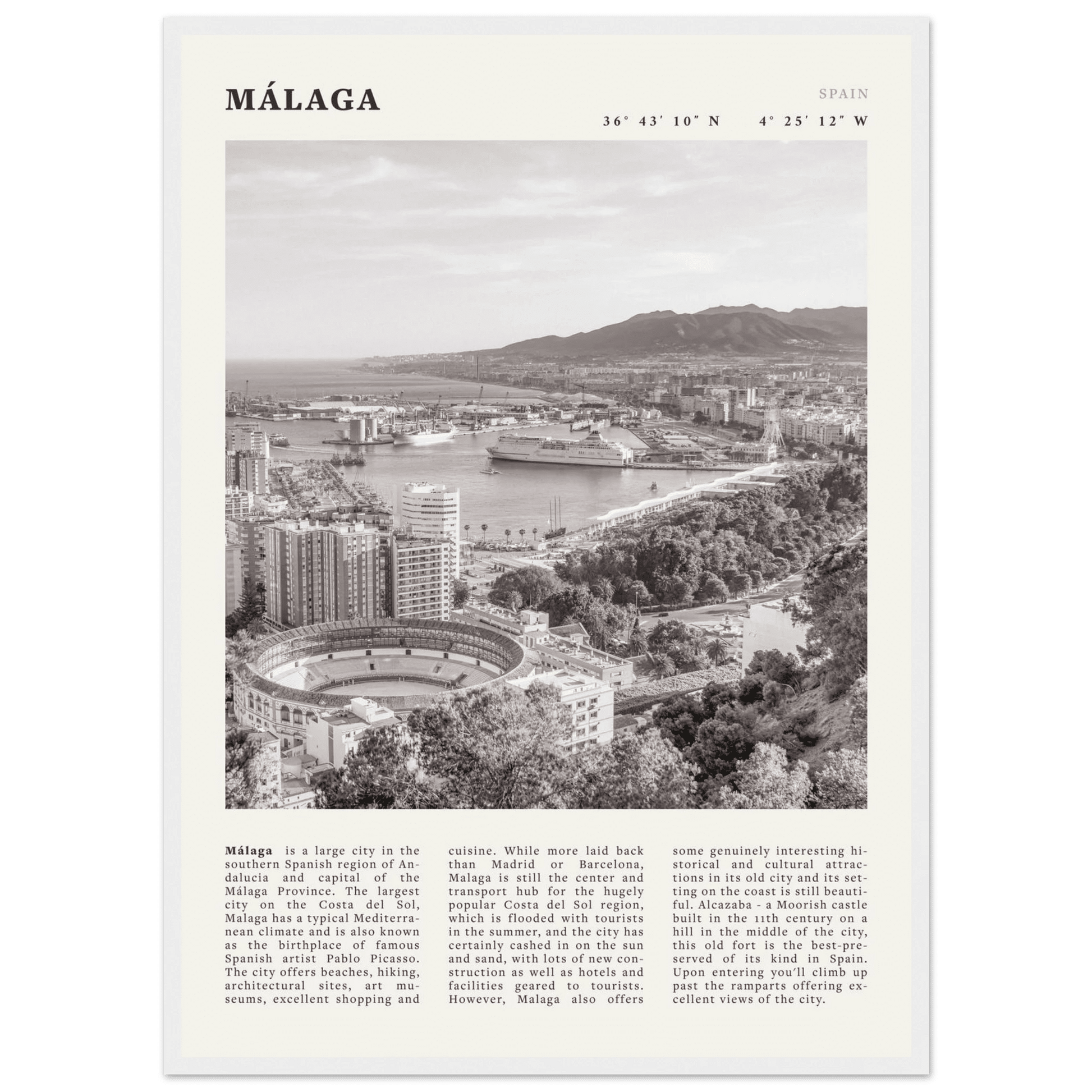 Málaga Poster | Black & White Costa del Sol Wall Art | Spain Travel Print - Evergreen Posters