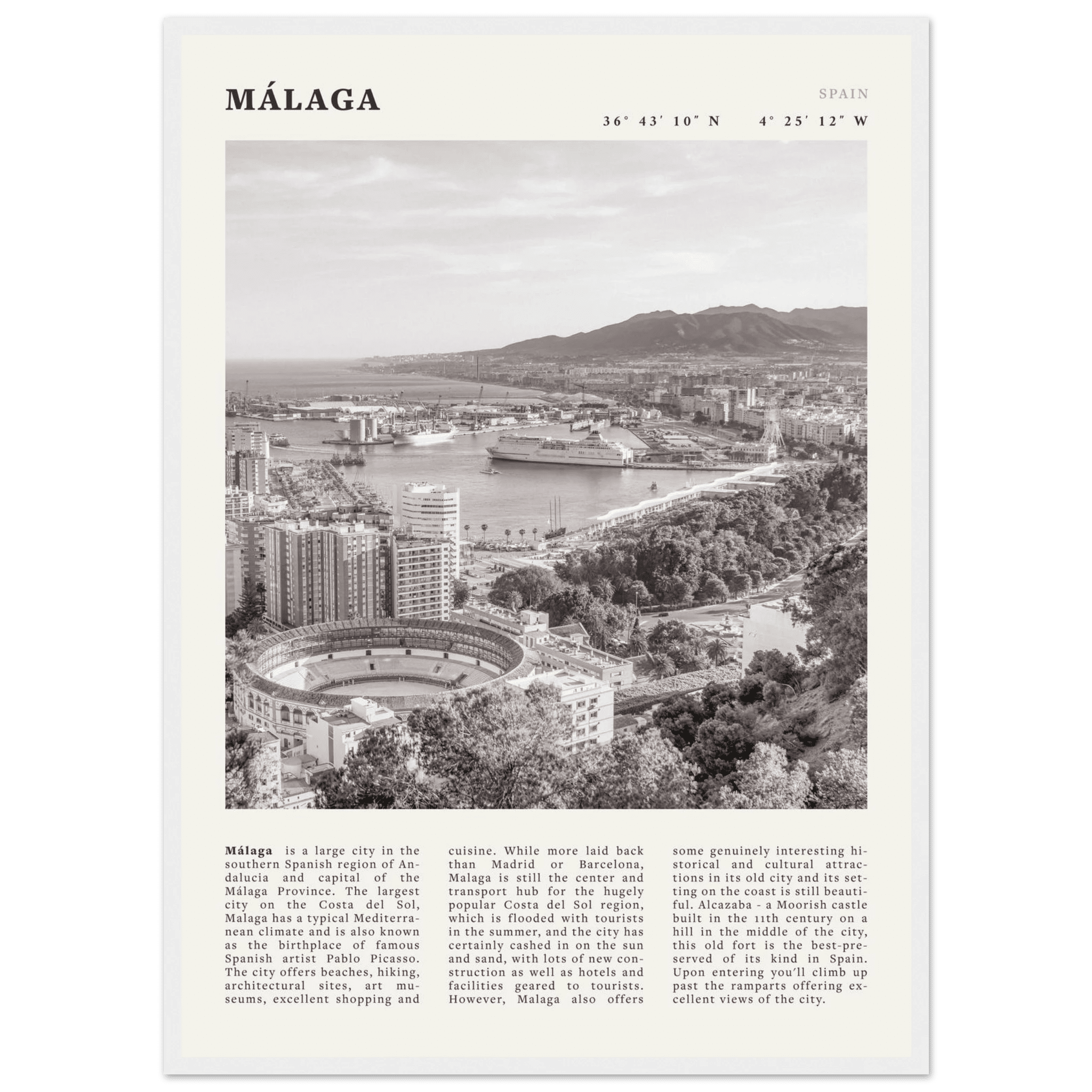 Málaga Poster | Black & White Costa del Sol Wall Art | Spain Travel Print - Evergreen Posters