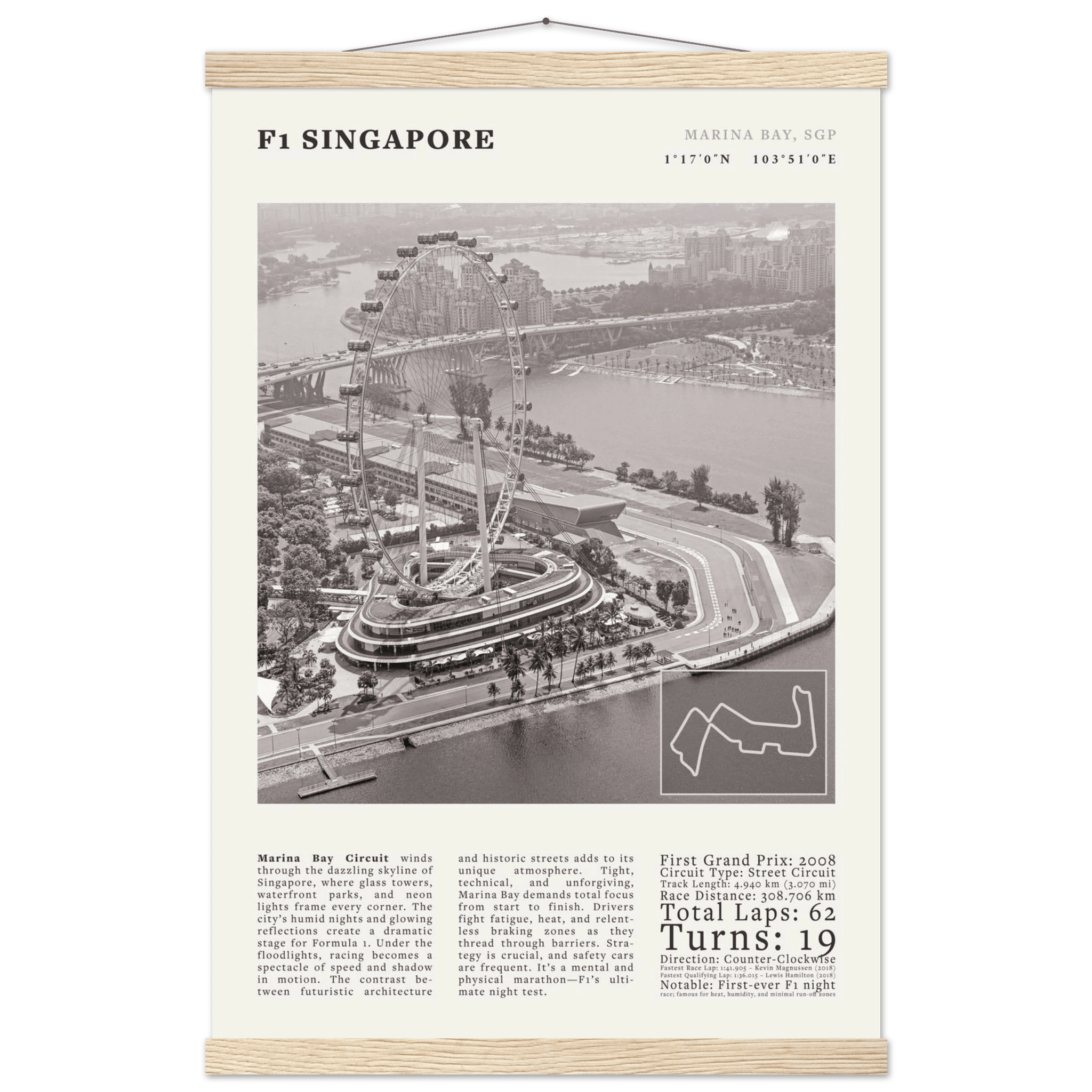 F1 Singapore Poster Black and White – Vintage Marina Bay Night Race Print (Digital & Printed Options) - Evergreen Posters