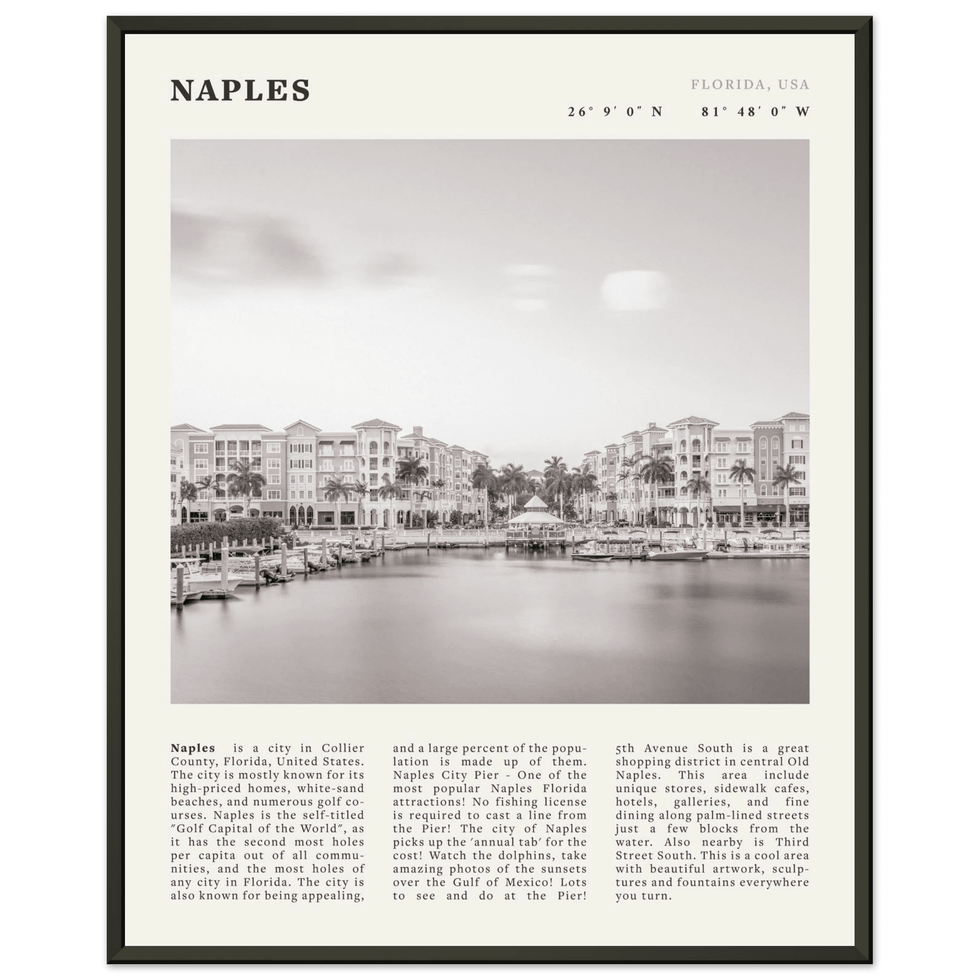 Naples Florida Poster | Black & White Gulf Coast Wall Art | FL Travel Print - Evergreen Posters