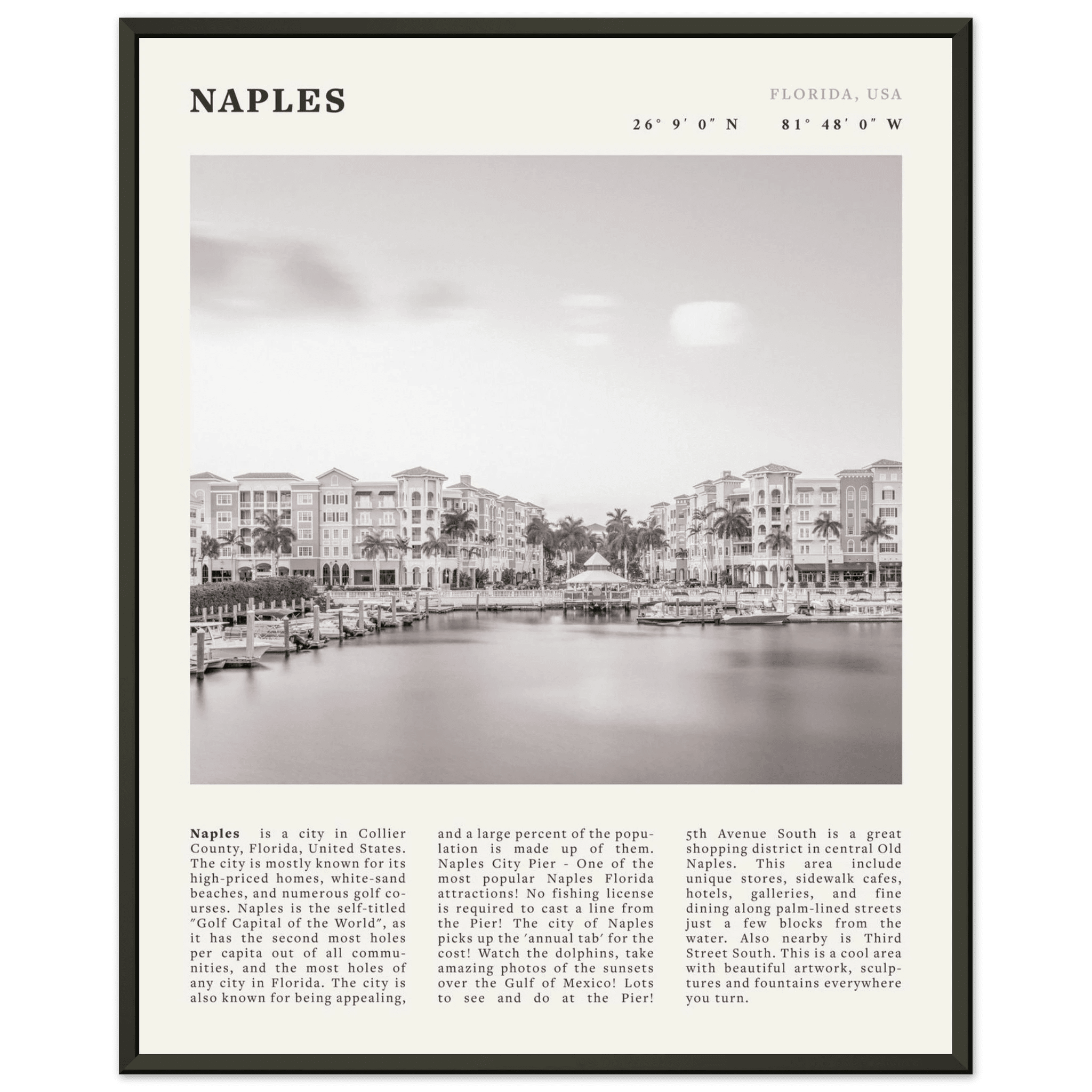 Naples Florida Poster | Black & White Gulf Coast Wall Art | FL Travel Print - Evergreen Posters
