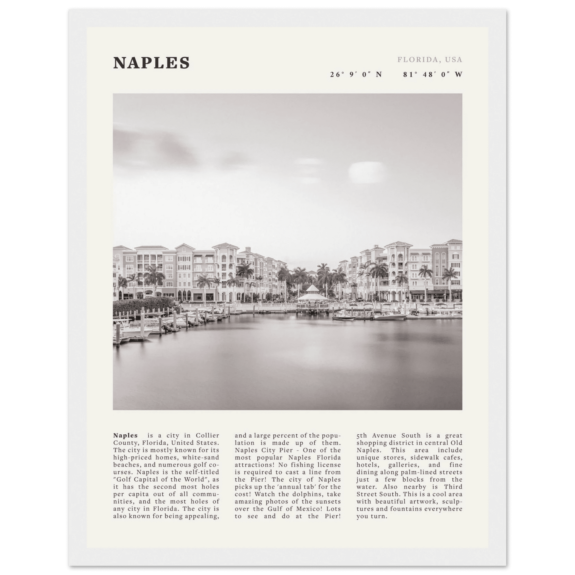 Naples Florida Poster | Black & White Gulf Coast Wall Art | FL Travel Print - Evergreen Posters