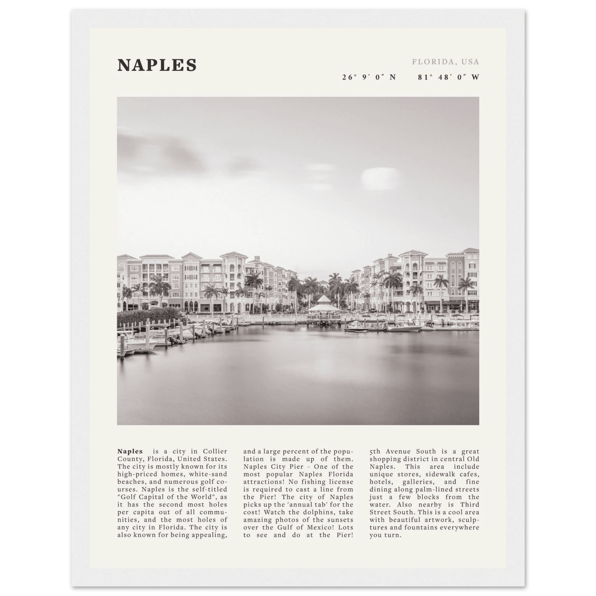 Naples Florida Poster | Black & White Gulf Coast Wall Art | FL Travel Print - Evergreen Posters