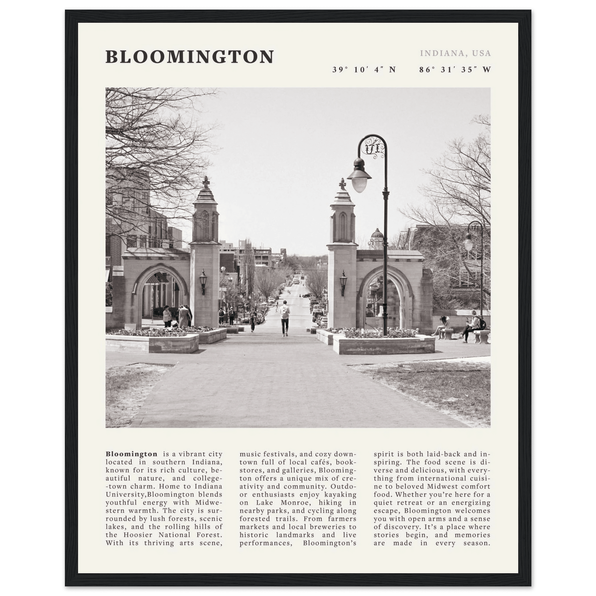Bloomington Indiana Black and White Vintage Poster - Evergreen Posters