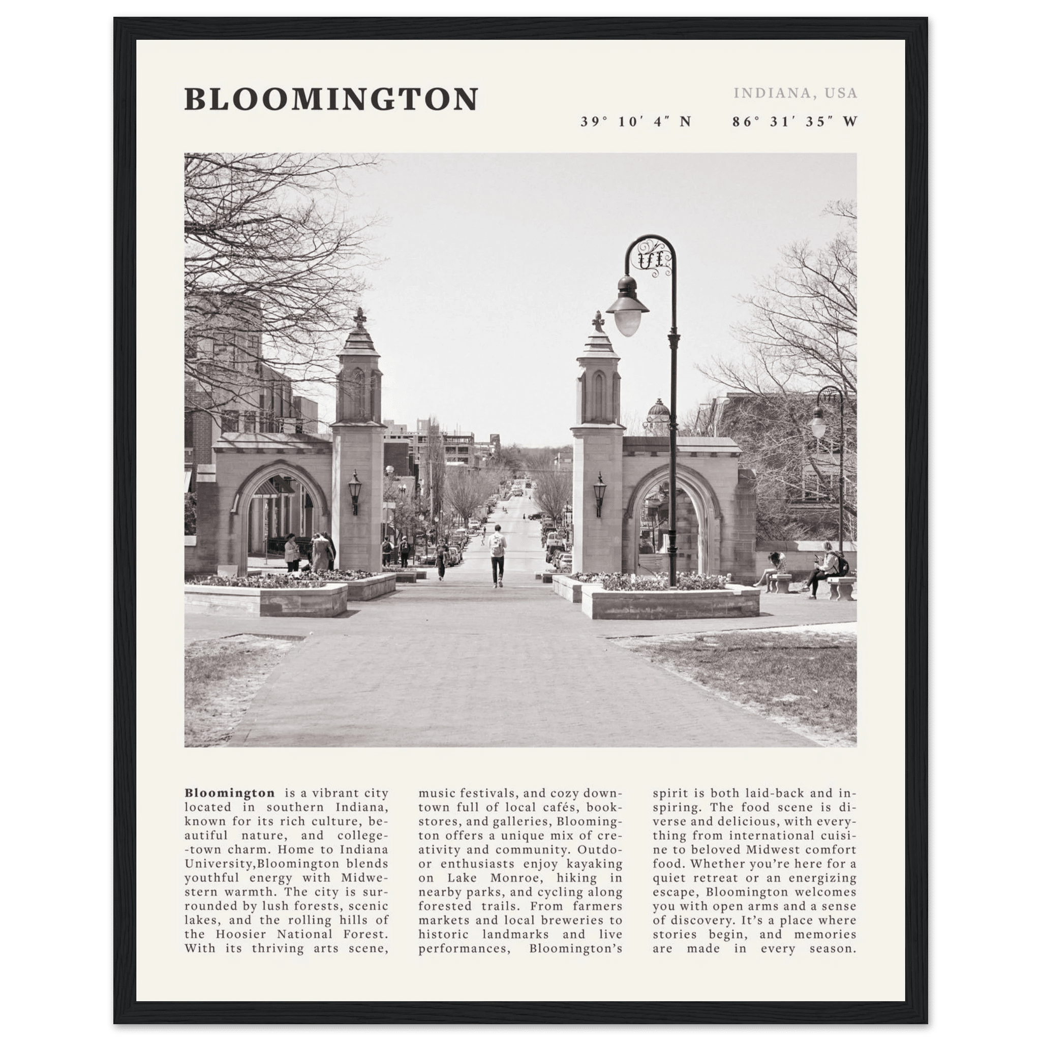 Bloomington Indiana Black and White Vintage Poster - Evergreen Posters