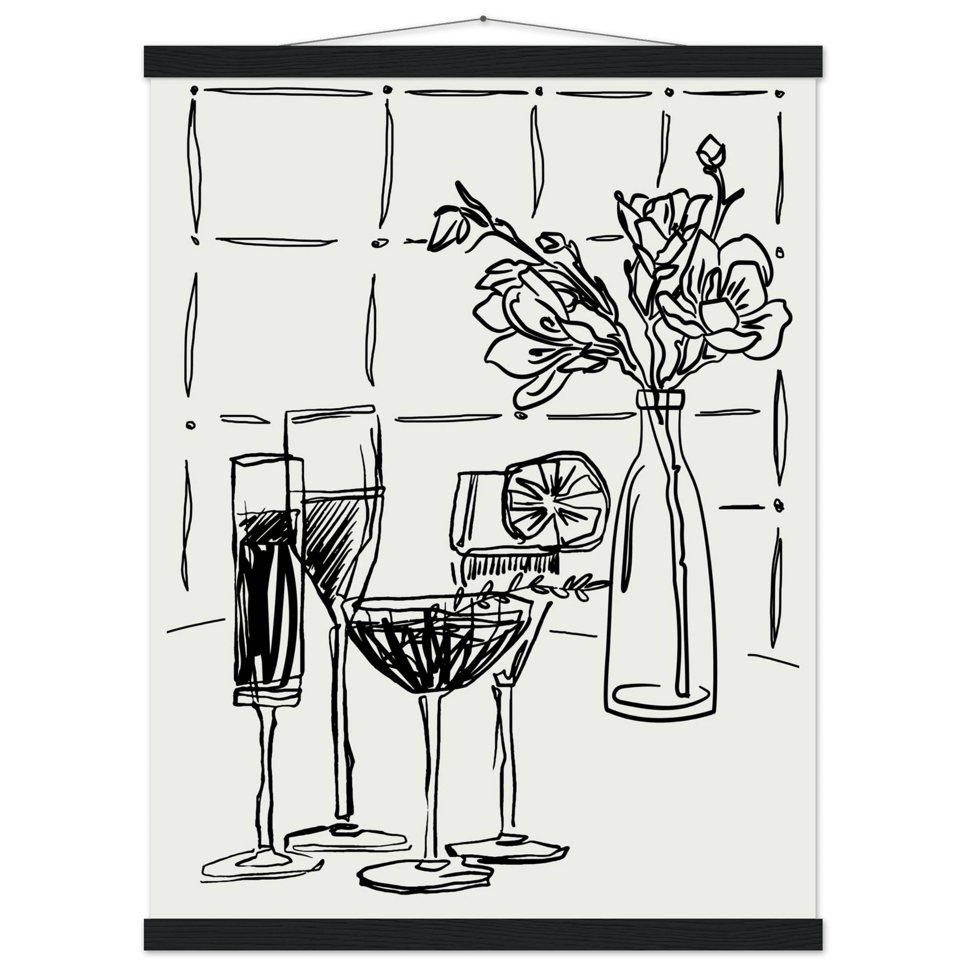 Cocktails & Flowers Print | Black Line Art Drinks Wall Art | Kitchen Bar Poster - Evergreen Posters