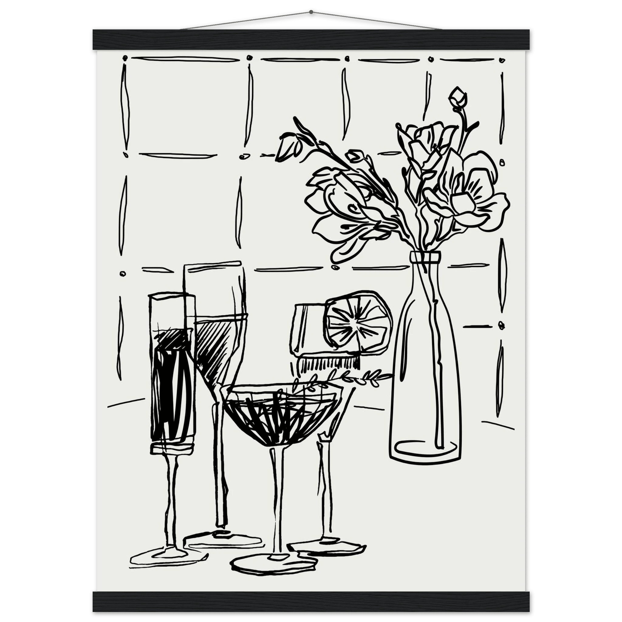 Cocktails & Flowers Print | Black Line Art Drinks Wall Art | Kitchen Bar Poster - Evergreen Posters