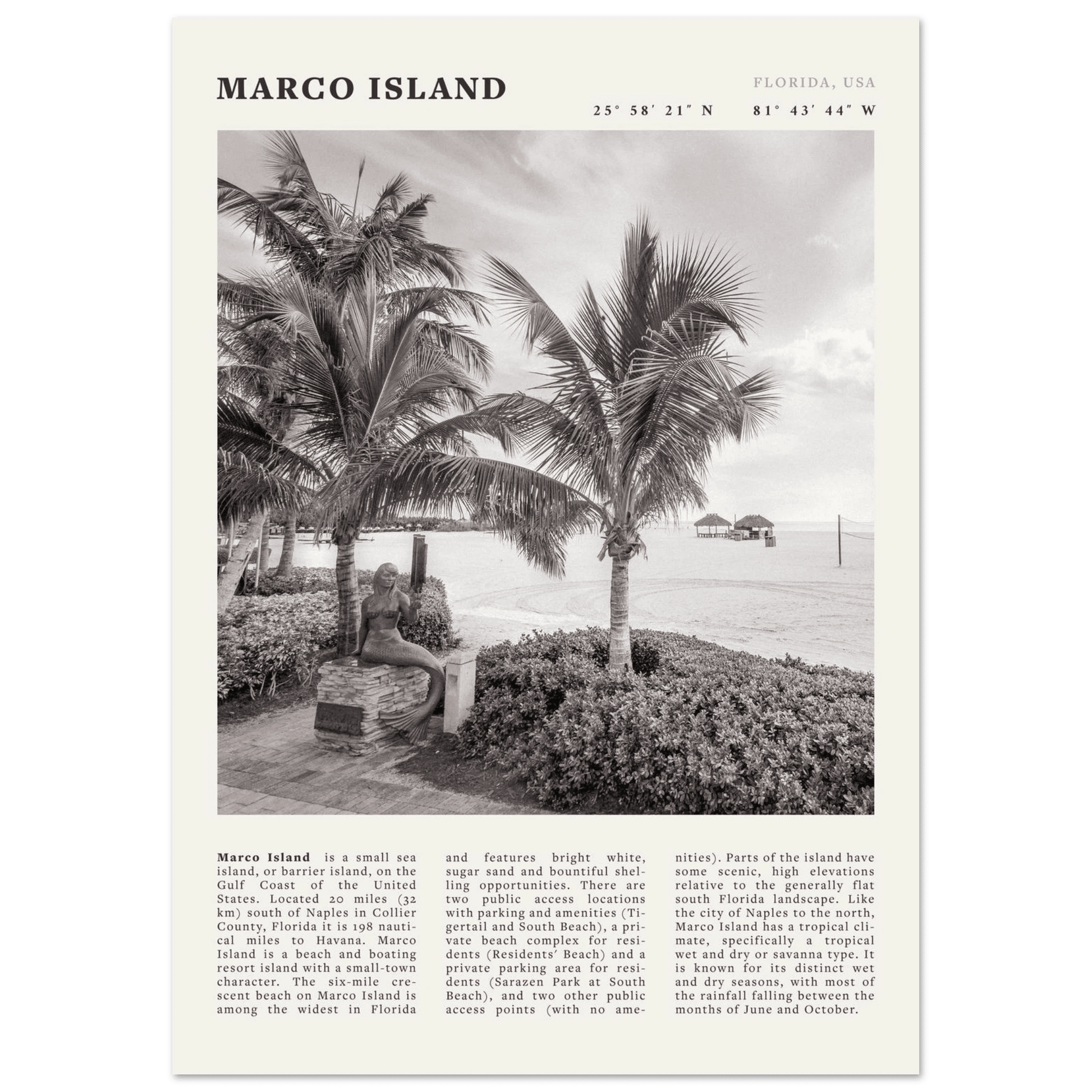 Marco Island Poster | Black & White Florida Beach Wall Art | Coastal Travel Print - Evergreen Posters