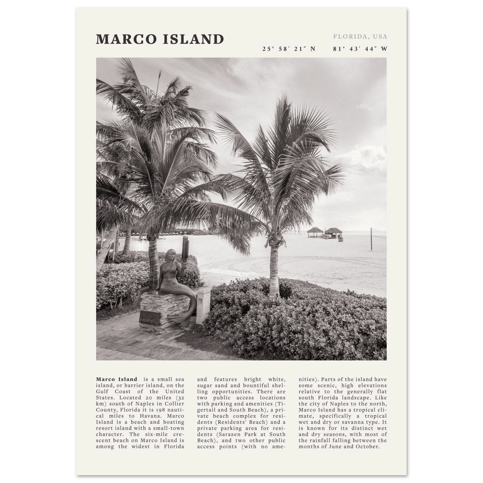Marco Island Poster | Black & White Florida Beach Wall Art | Coastal Travel Print - Evergreen Posters