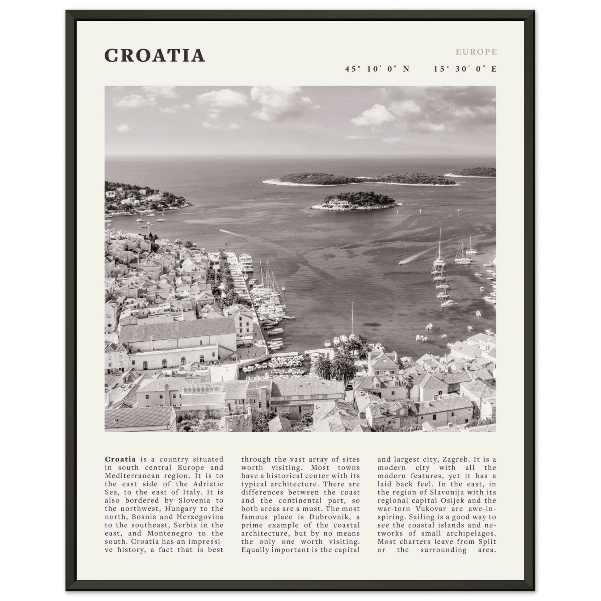 Croatia Poster | Black & White Hvar Island Wall Art | Adriatic Travel Print Decor - Evergreen Posters