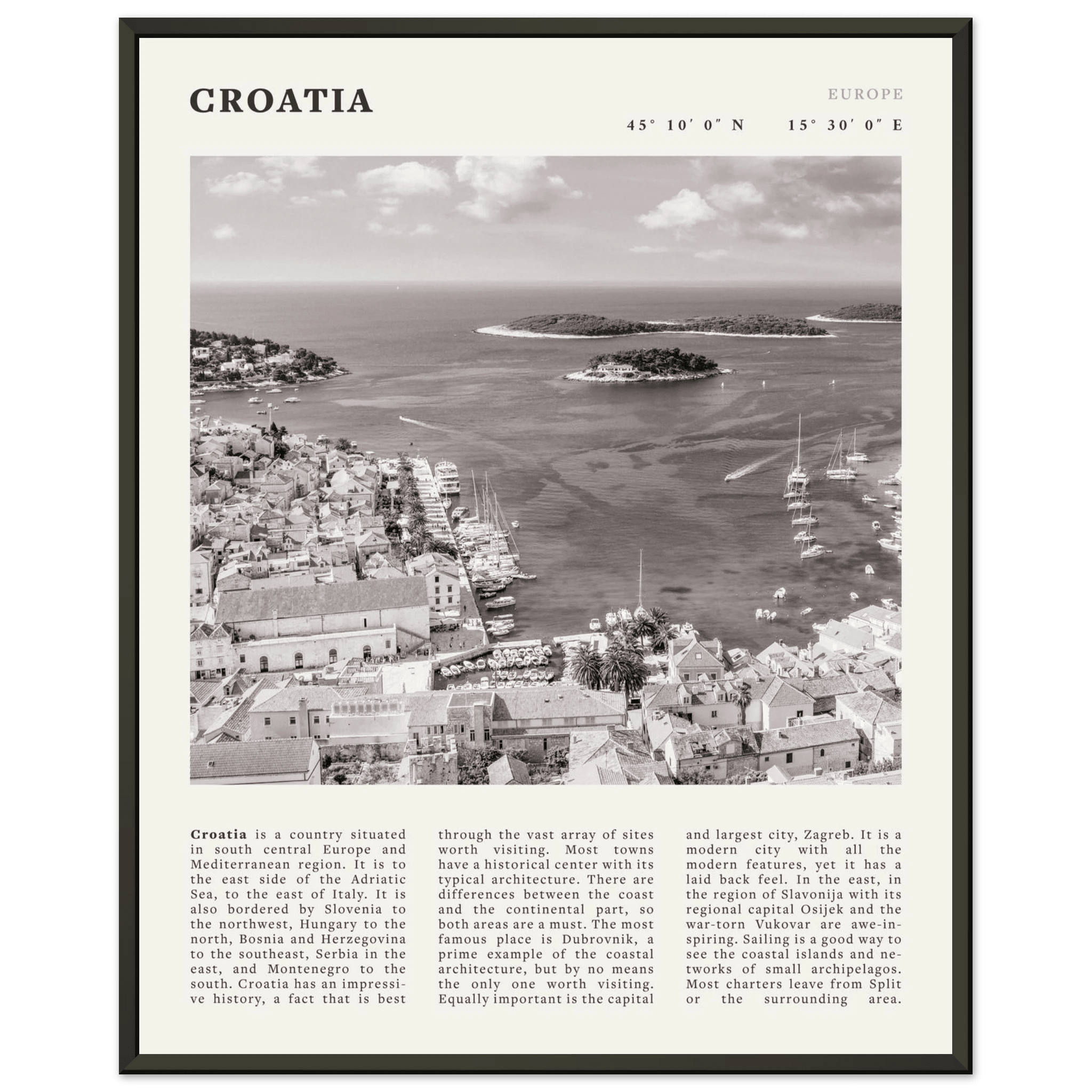 Croatia Poster | Black & White Hvar Island Wall Art | Adriatic Travel Print Decor - Evergreen Posters