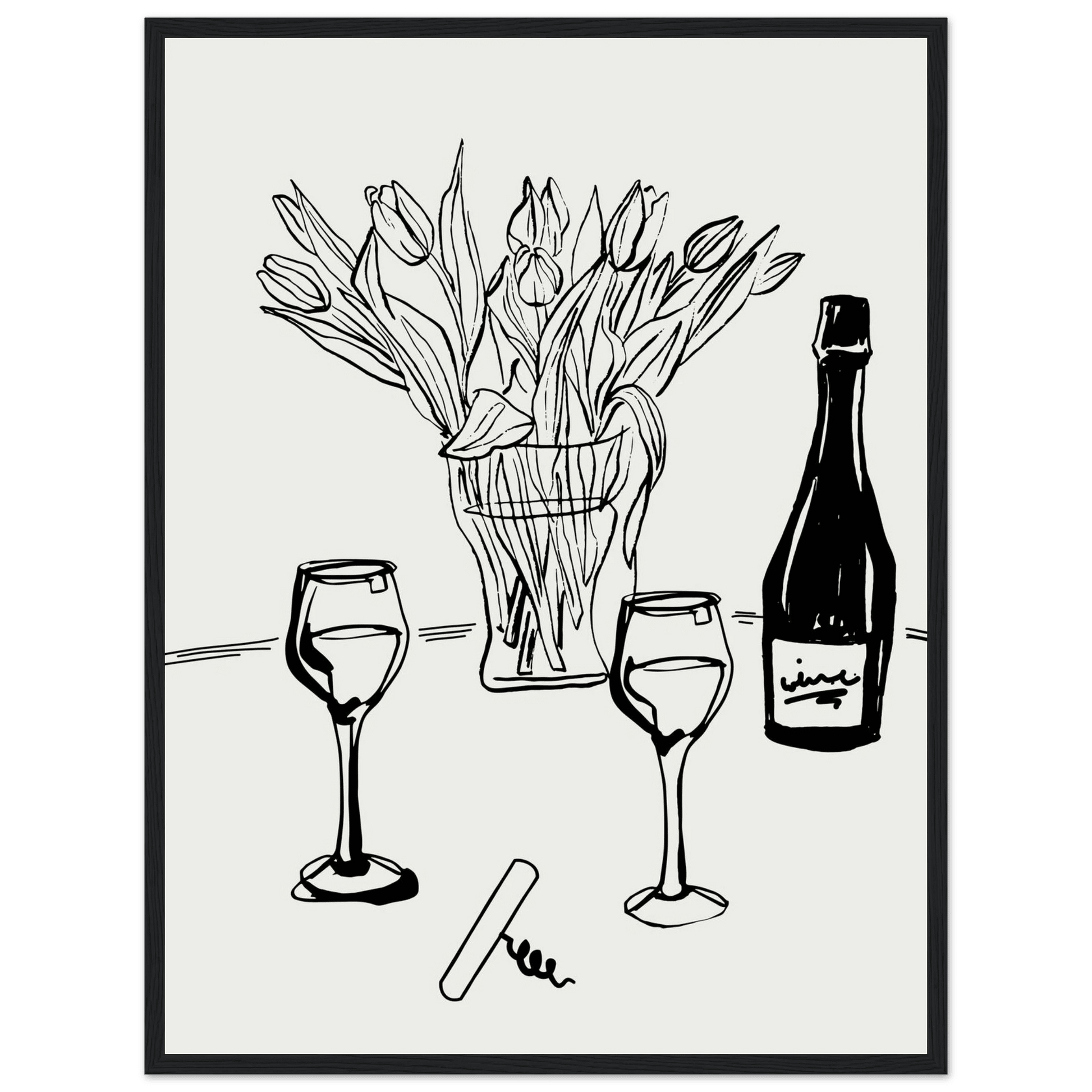 Wine & Tulips Print | Black Line Art Wine Bottle Wall Art | Minimalist Kitchen Poster - Evergreen Posters