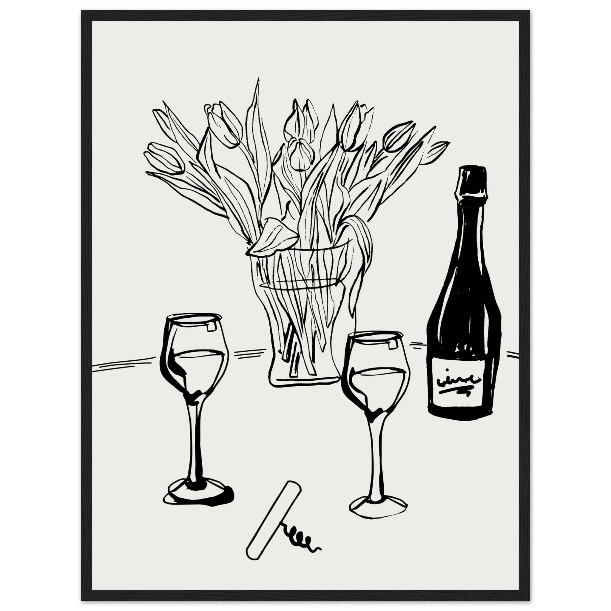 Wine & Tulips Print | Black Line Art Wine Bottle Wall Art | Minimalist Kitchen Poster - Evergreen Posters