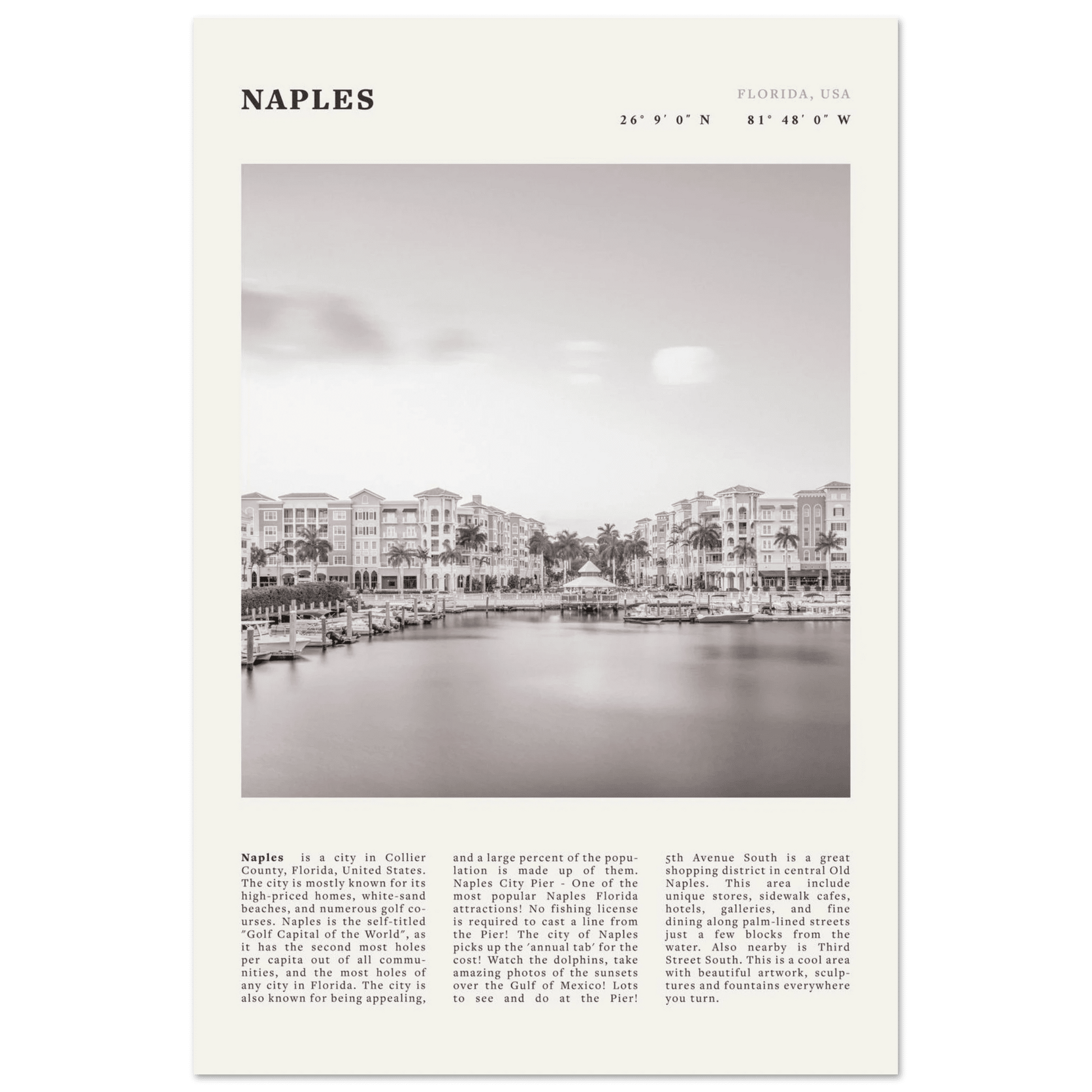 Naples Florida Poster | Black & White Gulf Coast Wall Art | FL Travel Print - Evergreen Posters