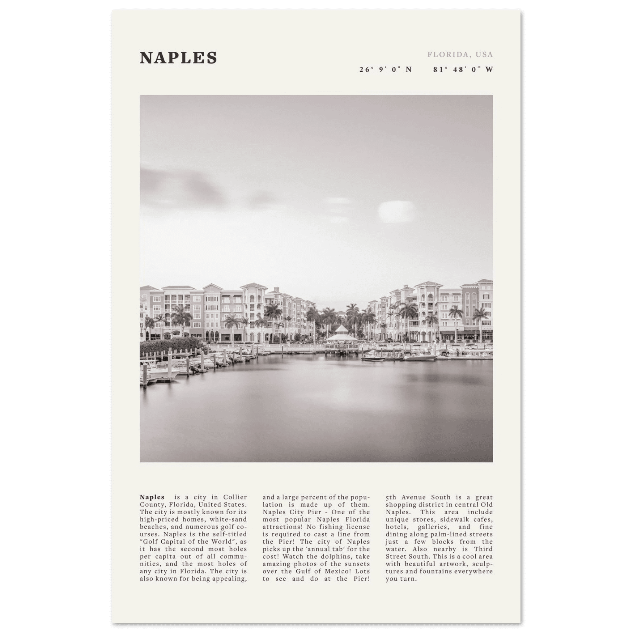 Naples Florida Poster | Black & White Gulf Coast Wall Art | FL Travel Print - Evergreen Posters