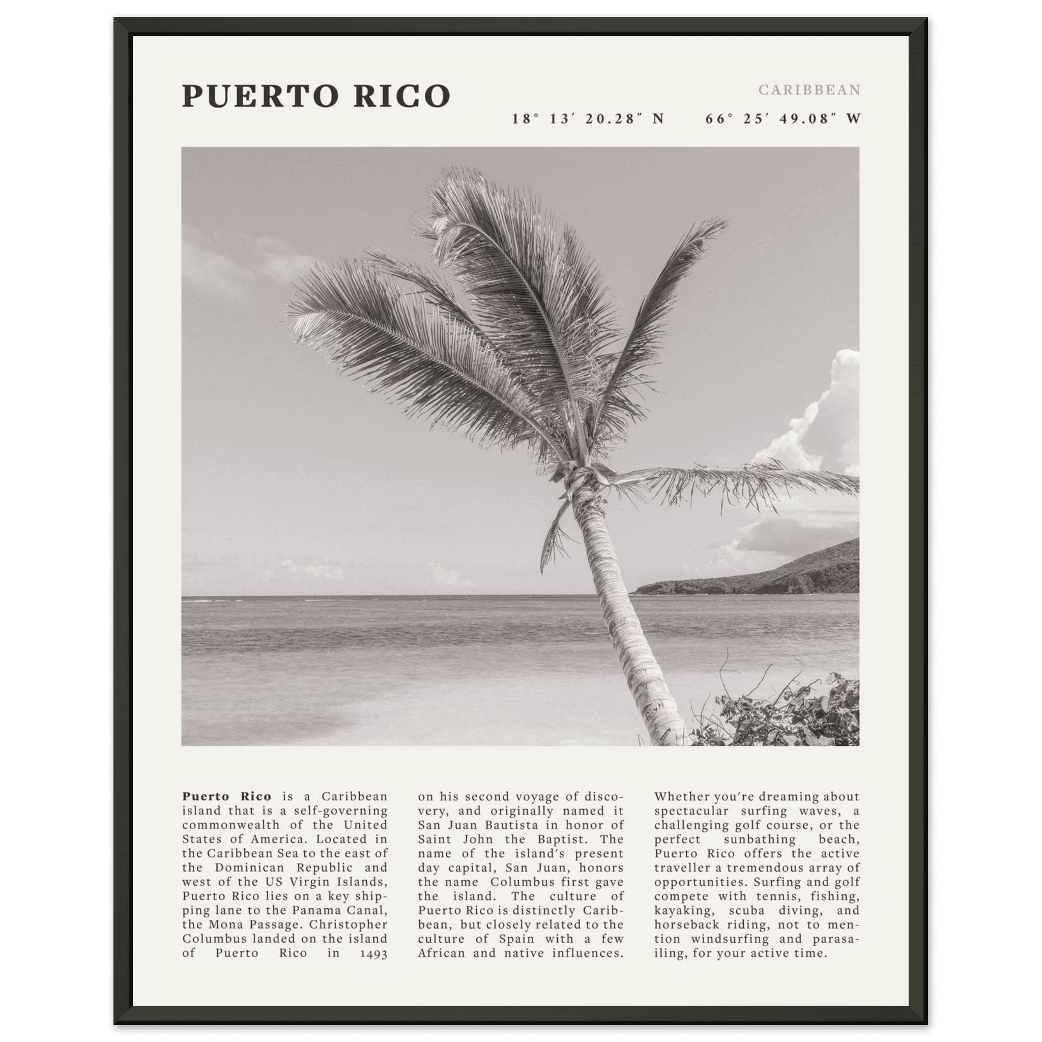 Puerto Rico Poster Black and White – Vintage Caribbean Palm Beach Print (Digital & Printed Options) - Evergreen Posters