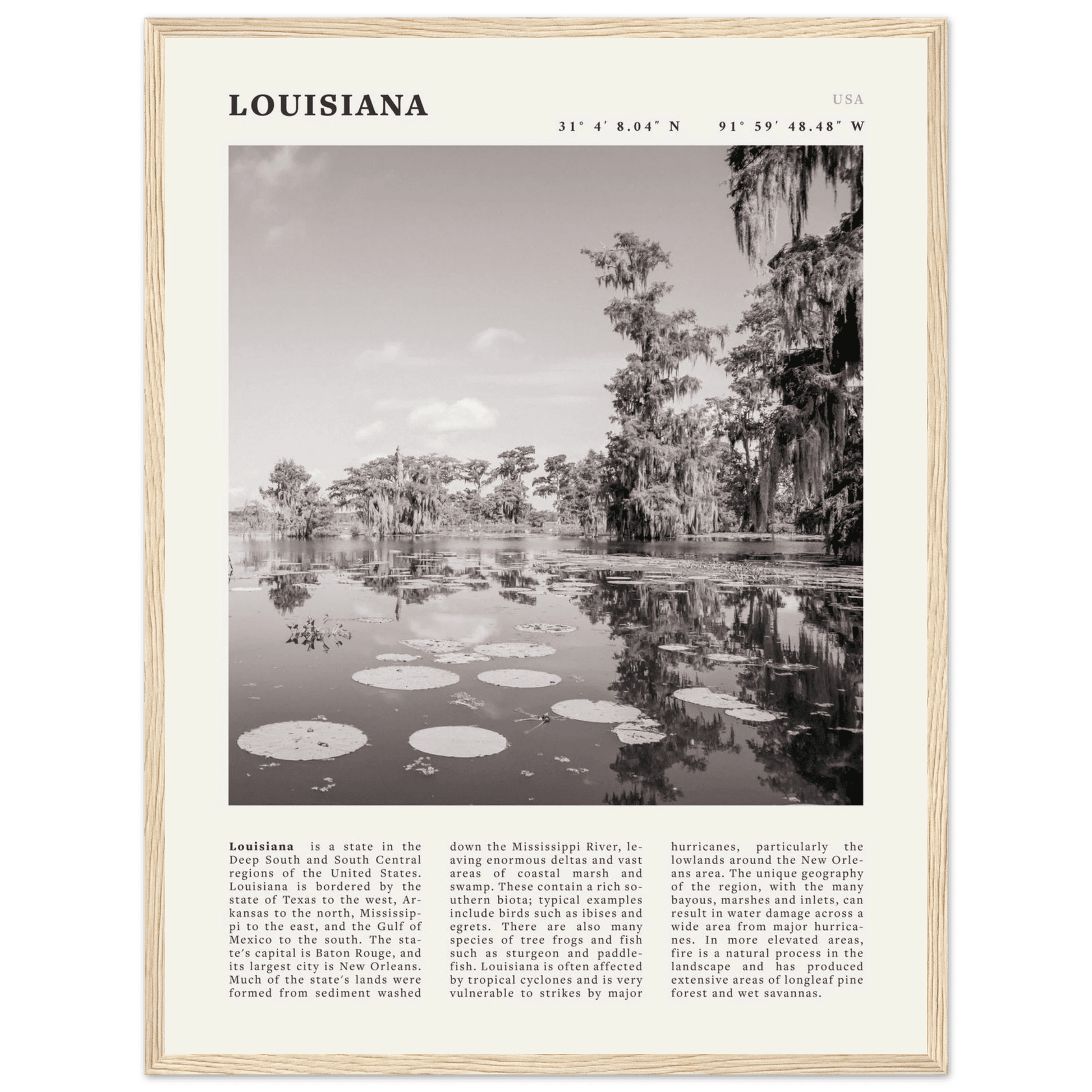 Louisiana Poster | Black & White Bayou Wall Art | Southern USA Travel Print Decor - Evergreen Posters