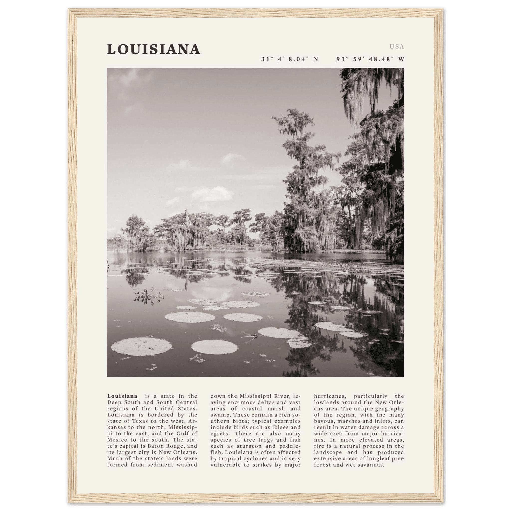 Louisiana Poster | Black & White Bayou Wall Art | Southern USA Travel Print Decor - Evergreen Posters