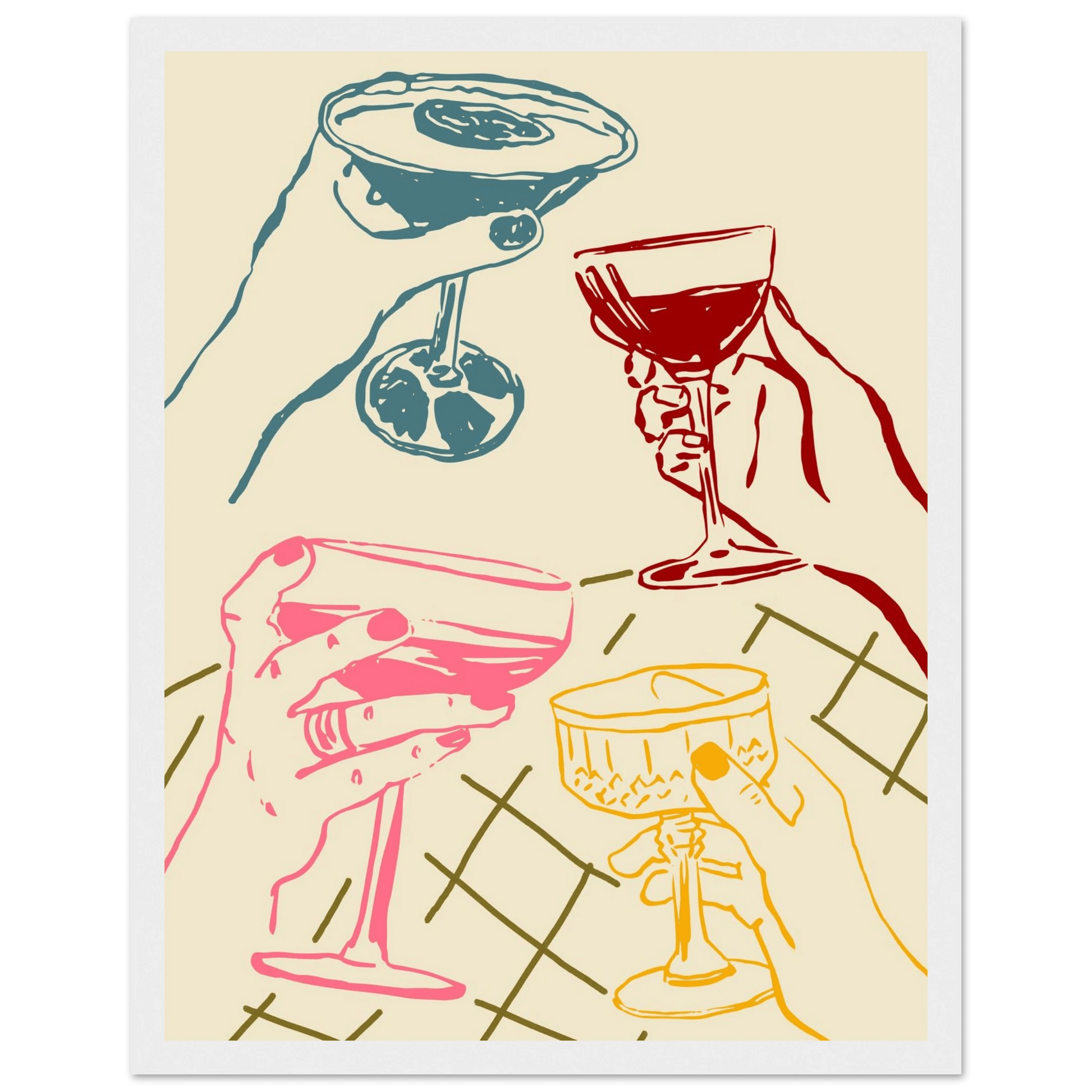 Cheers Print | Colourful Cocktail Glasses Wall Art | Kitchen Bar Poster - Evergreen Posters