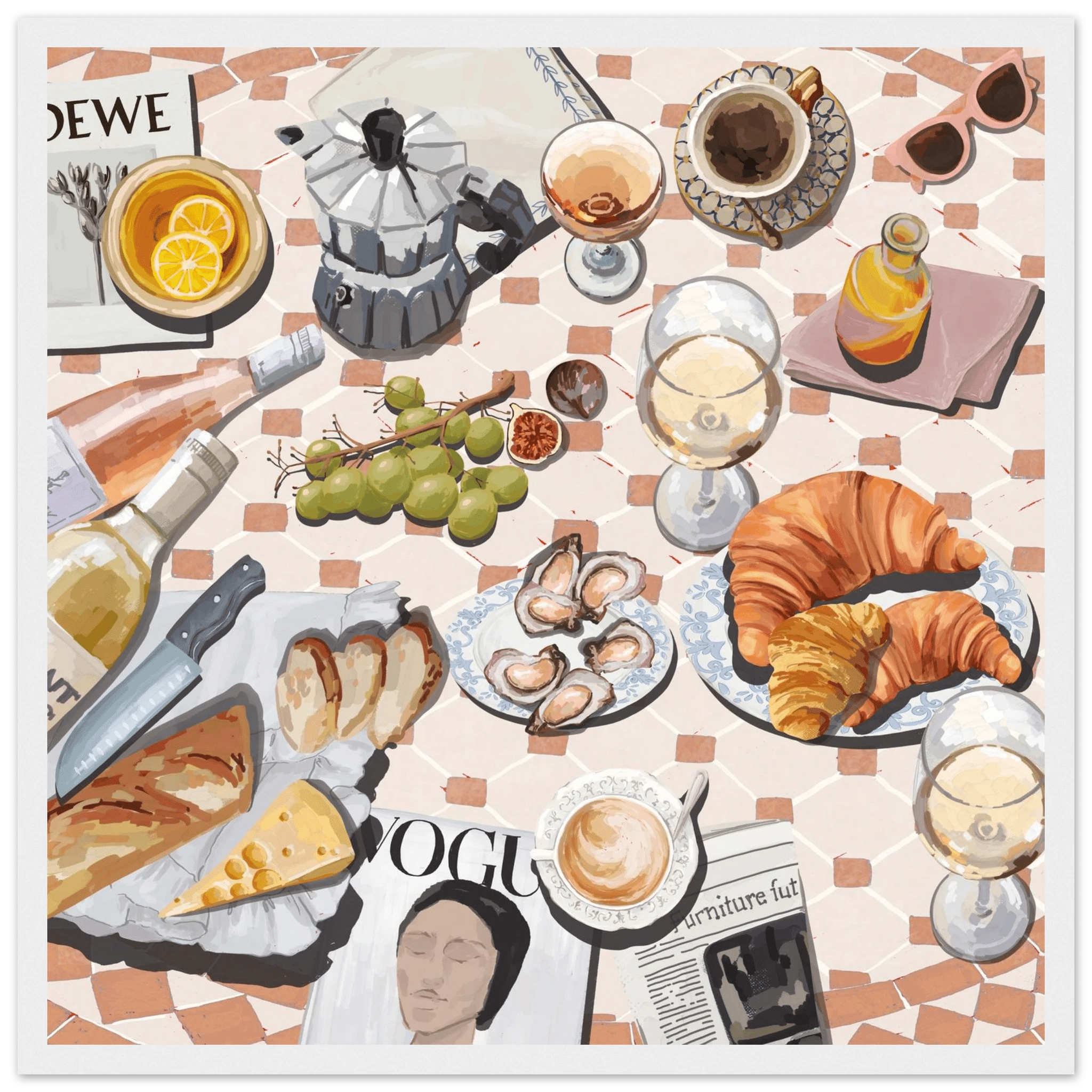French Brunch Poster | Kitchen Decor Food Wall Art | Croissant & Coffee Square Print - Evergreen Posters - 26