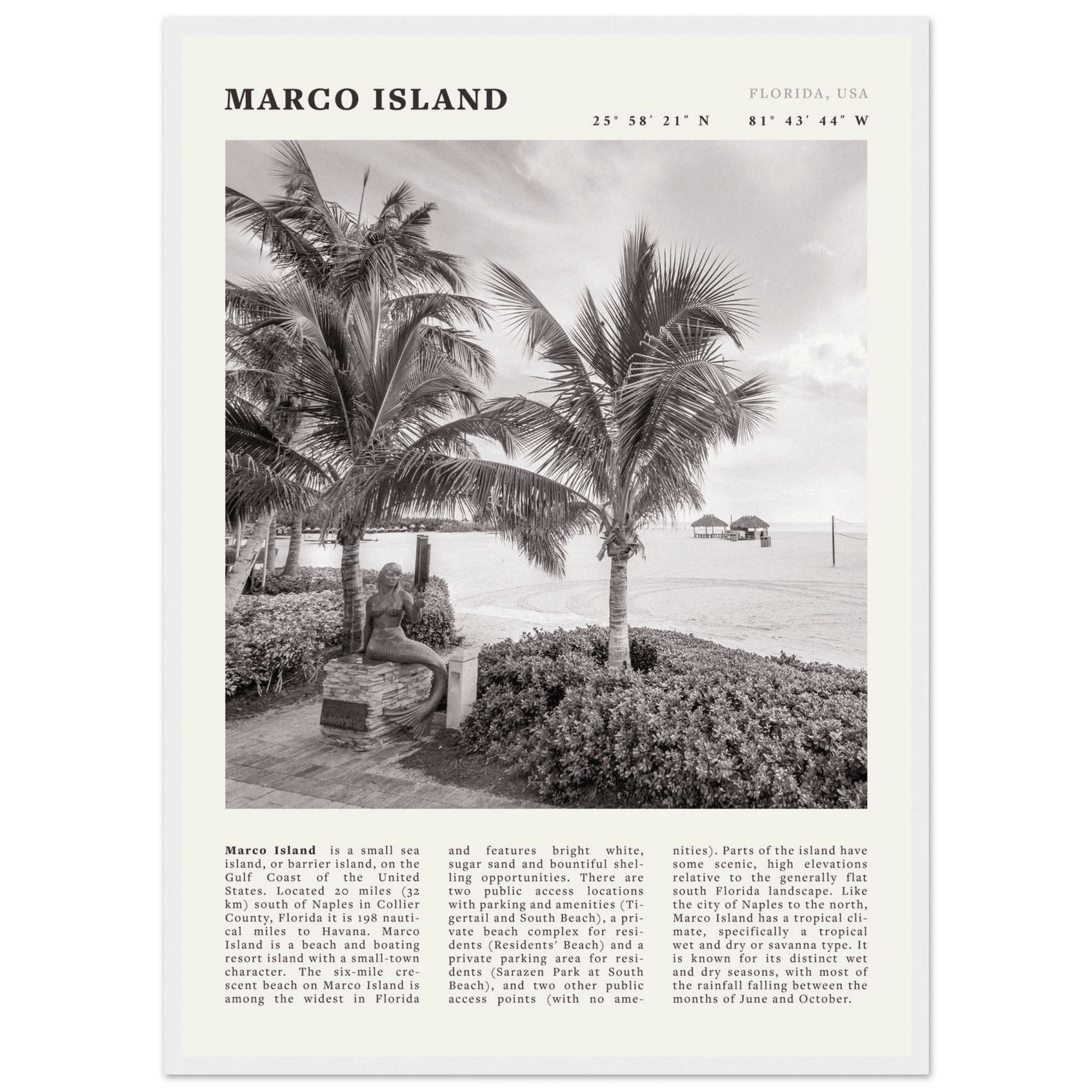 Marco Island Poster | Black & White Florida Beach Wall Art | Coastal Travel Print - Evergreen Posters
