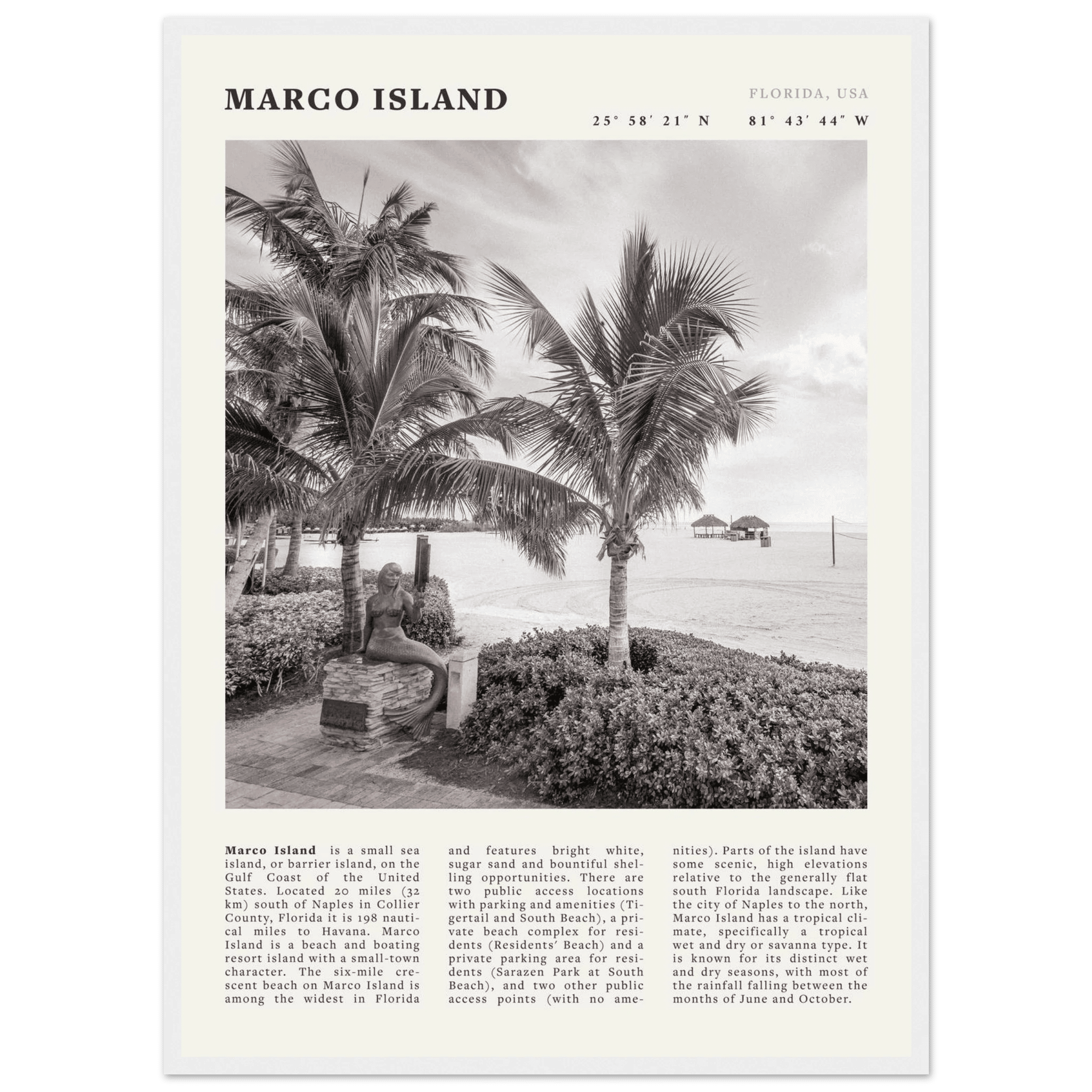 Marco Island Poster | Black & White Florida Beach Wall Art | Coastal Travel Print - Evergreen Posters