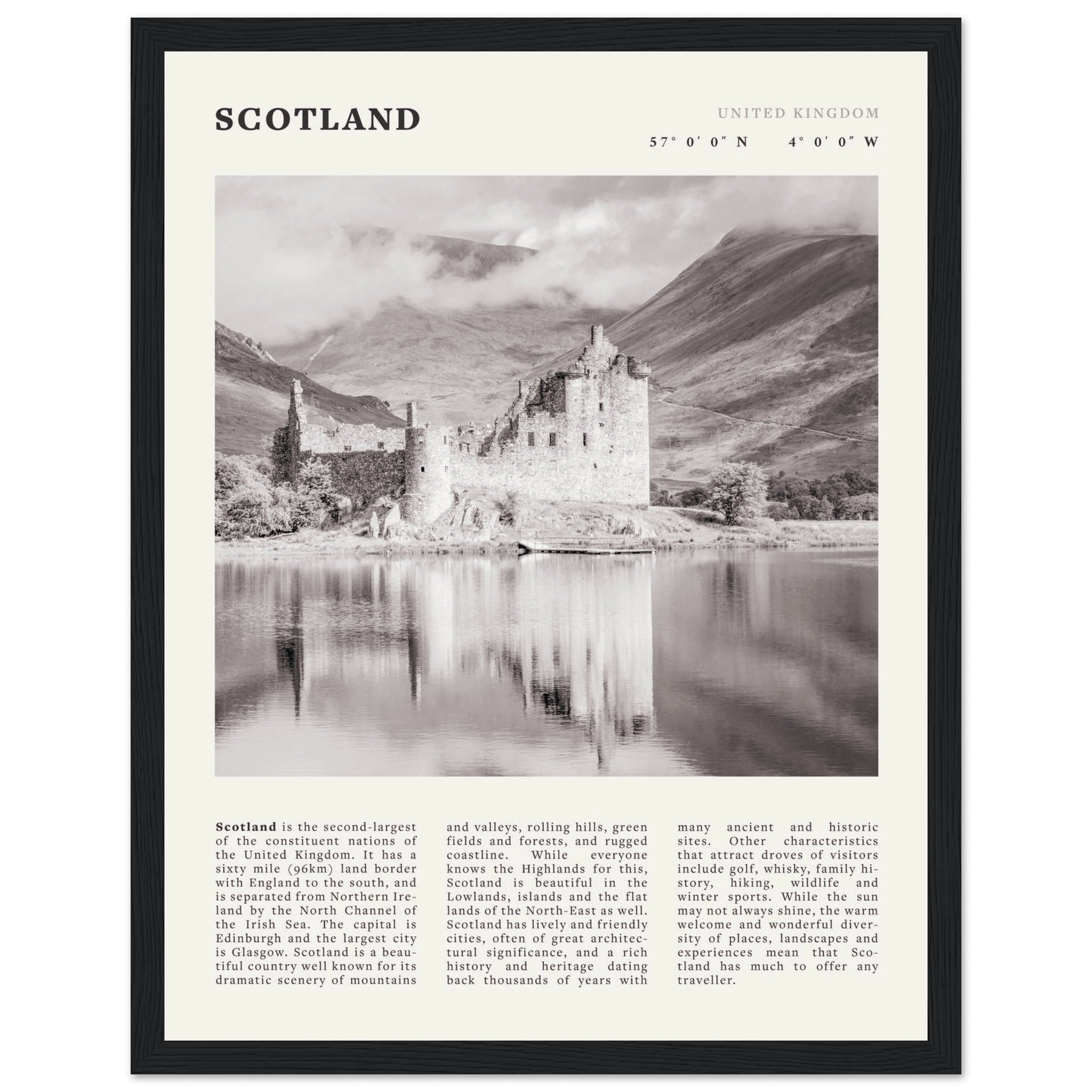 Scotland Poster | Black & White Highland Castle Wall Art | UK Travel Print Decor - Evergreen Posters